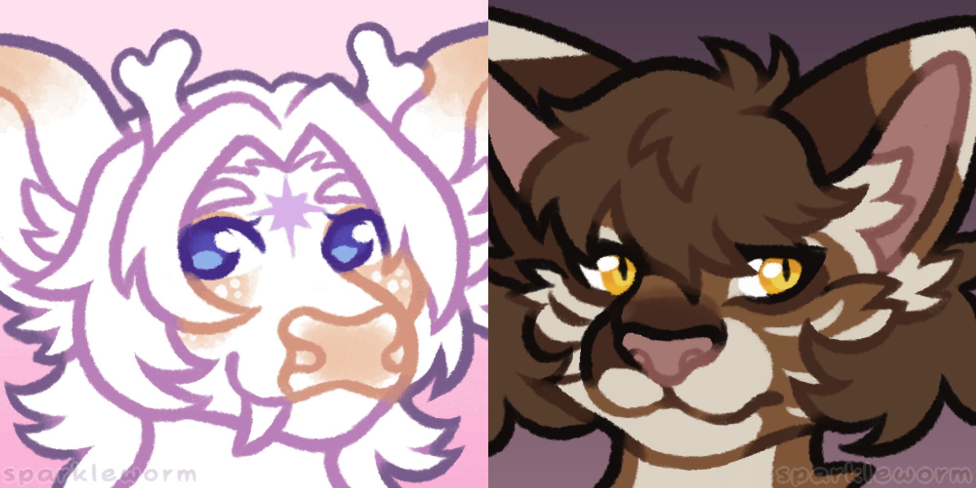 Two icons. The first one is a fanged deer who is white with tan gradients. He has a silly smile on his face. The second is a brown and cream savannah cat with a serious expression in his piercing gold eyes.