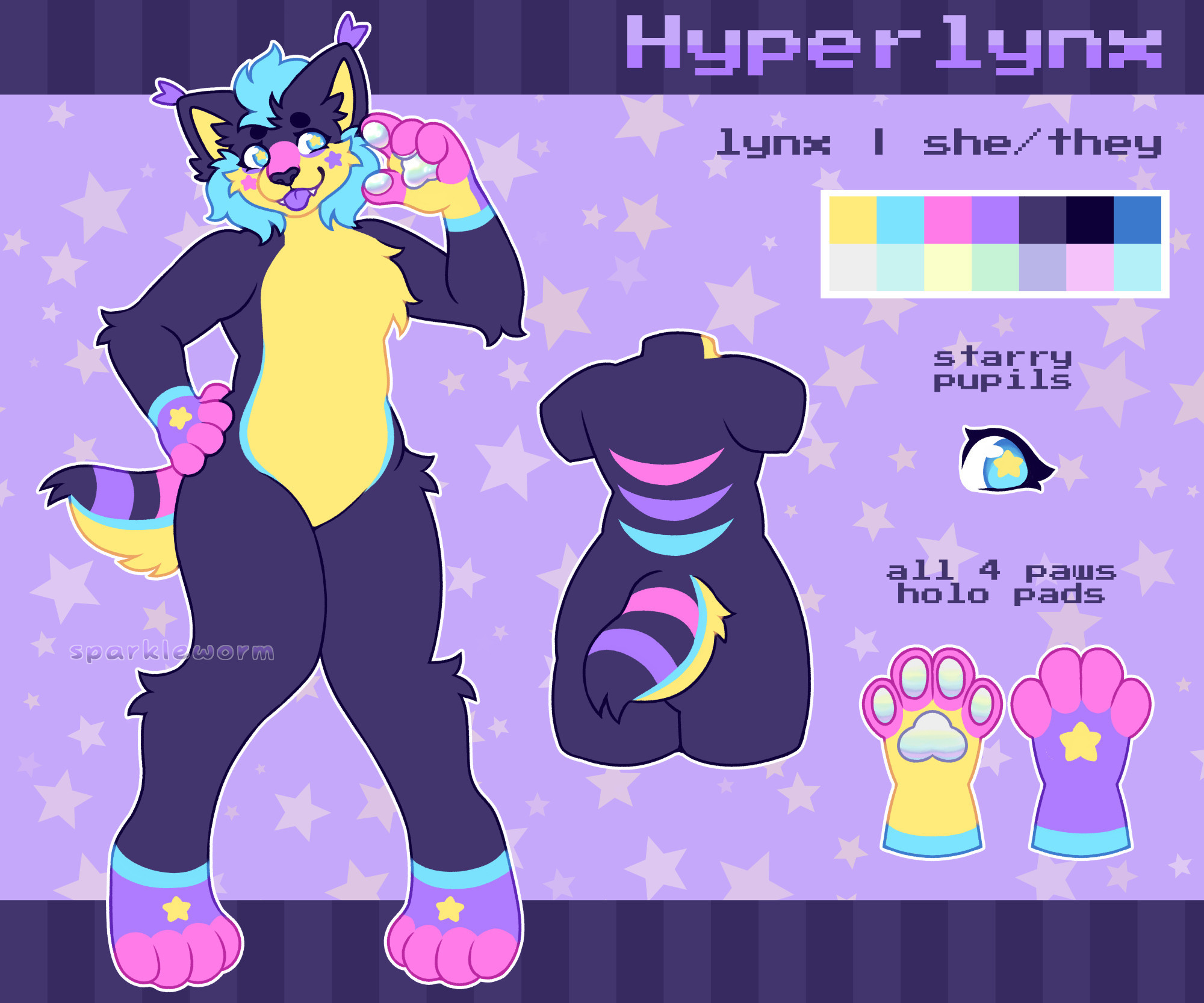 Hyperlynx the lynx, she/her. A brightly colored anthro lynx with star markings and holographic paws.