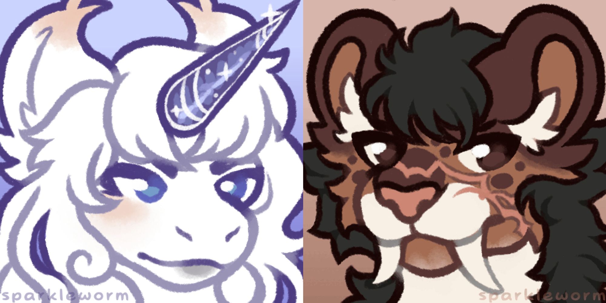 Two icons. The first is a white licorne/unicorn with a blue horn and serious expression. The second is a snarling sabertooth with brown fur and a huge scar across his face.