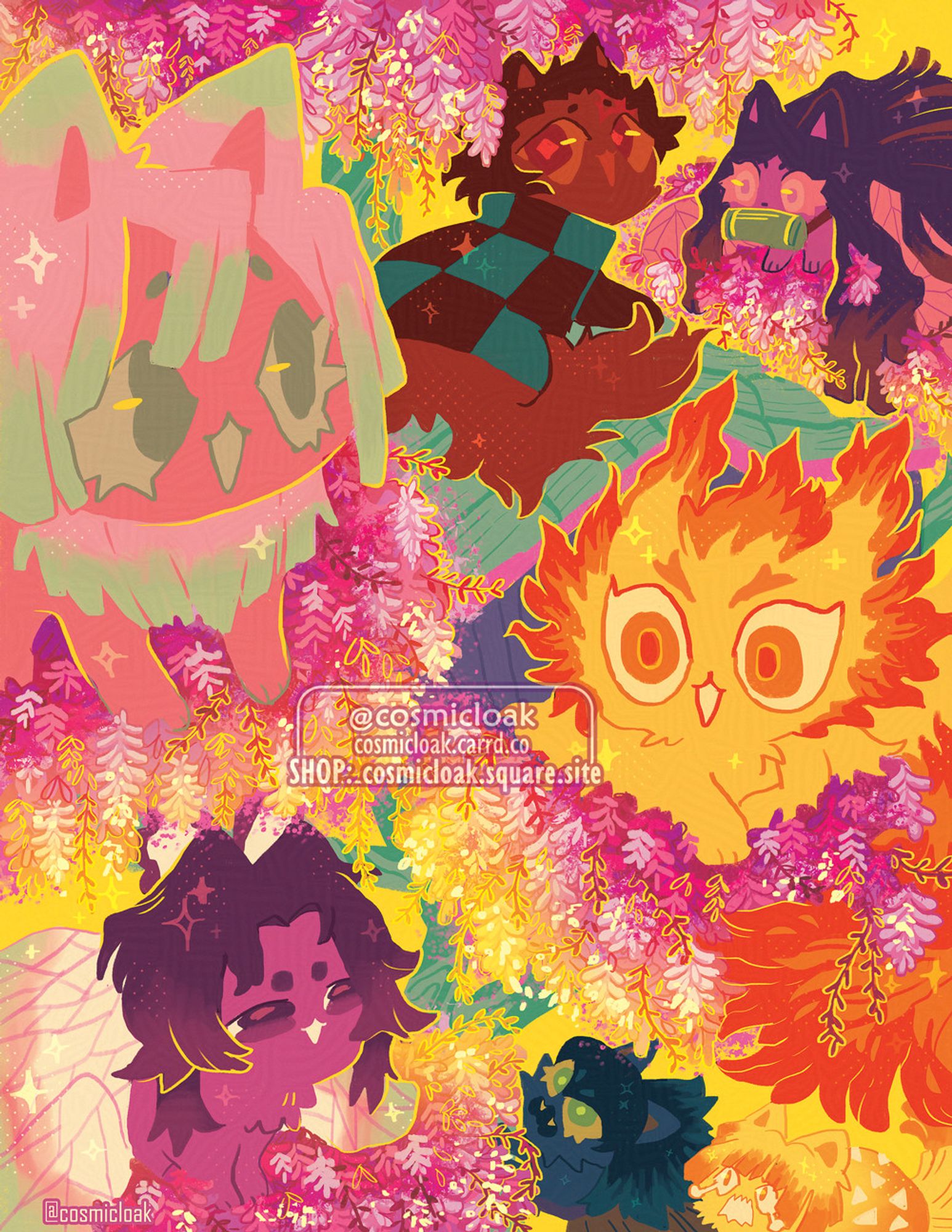 demon slayer characters as a rainbow of cats, in the branches of a wisteria cat tree. Zinitsu and inosuke at the bottom, angrily meowing at the rest of the cats in the upper canopy. Shinobu, Mitsuri, Tanjiro, Nezuko and Rengoku hanging out in the floral branches. Rengoku resting inside of a mini cat temple. warm, sunny colors, digitally painted with flat cell shading.