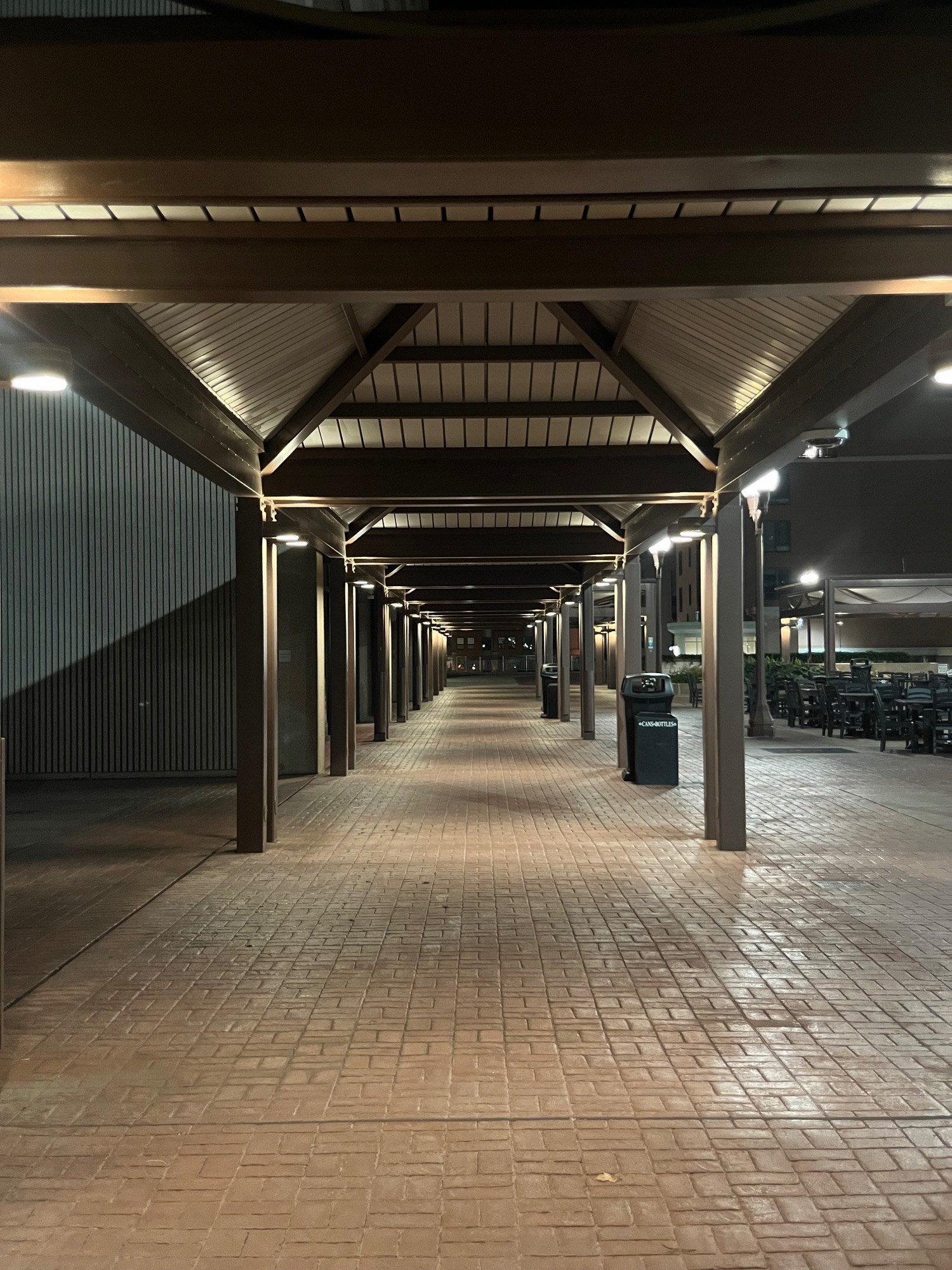 A long open air hallway with brown  supports symmetrically receding into the distance. Weirdly empty, sort of calm, also creepy.