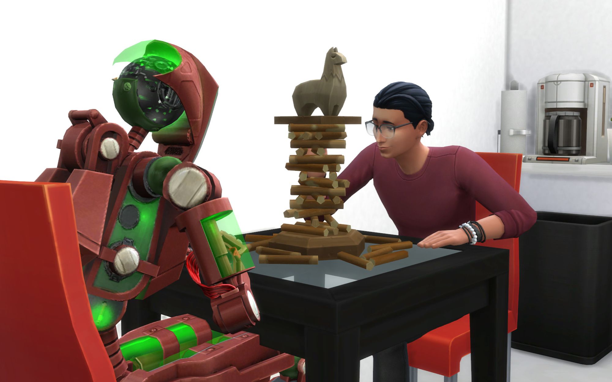 At the Brigths' house. Beren and Melon play Don't Wake the Llama, a Jenga-like game, on the kitchen table. Beren wears casual everyday clothes consisting of a maroon shirt and dark cuffed jeans. Beren looks focused and is about to pull out a block from the Don't Wake the Llama tower.