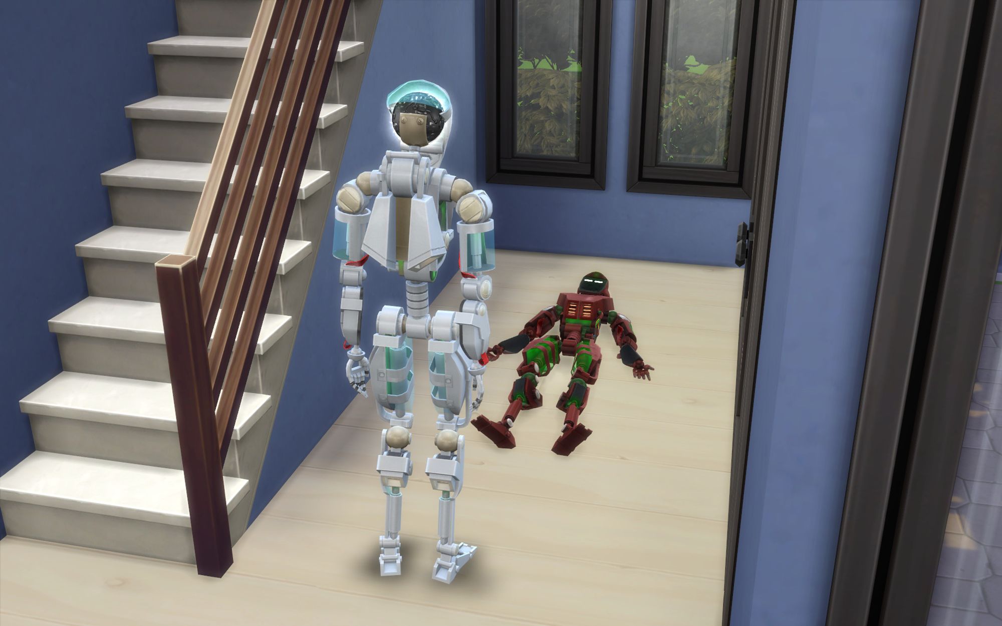 In the hallway in Eve's house. Eve stands and looks down at Melon who's lying dramatically on their back on the floor.