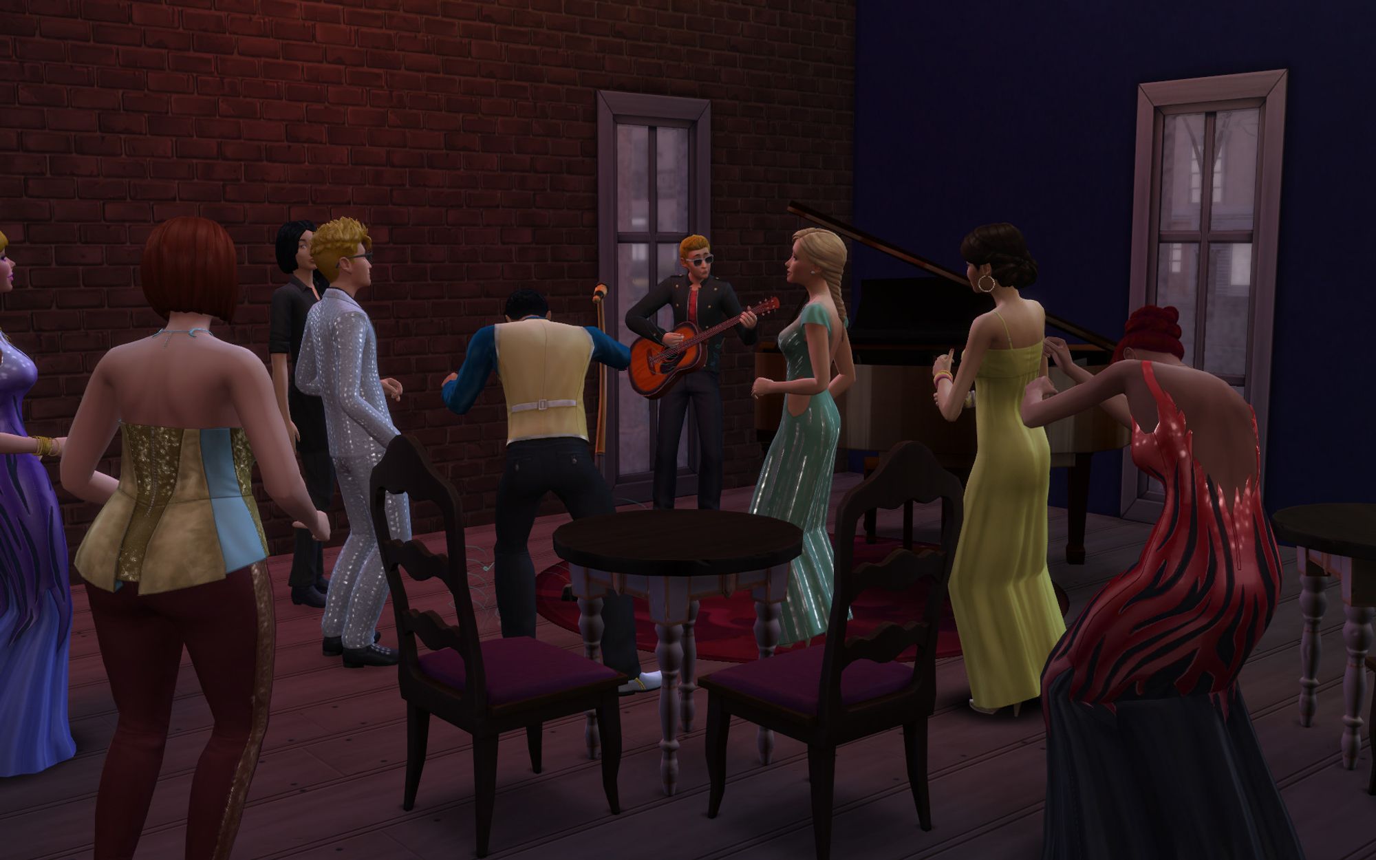 At The Blue Velvet Nightclub in Willow Creek. The lights are dimmed. Travis, Summer, Liberty, Ned, Kai Kahue, Cassidy Purdue, Amber Stein, and Babs L'Amour party together. Travis plays the guitar, the others are the audience and dance. Travis wears a red T-shirt, a black jacket, black jeans, and silver frame sunglasses. Liberty wears a long yellow dress. Summer wears a long turquoise dress with silver stripes. Ned wears a white suit with silver dots, and black shoes with silver dots. Kai wears a blue shirt, yellow and silver waistcoat, black trousers, and white and golden shoes. Cassidy wears a long red and black shiny dress. Amber wears a turquoise and golden corset-like top, and red and golden trousers. Babs wears a purple and black shiny dress.