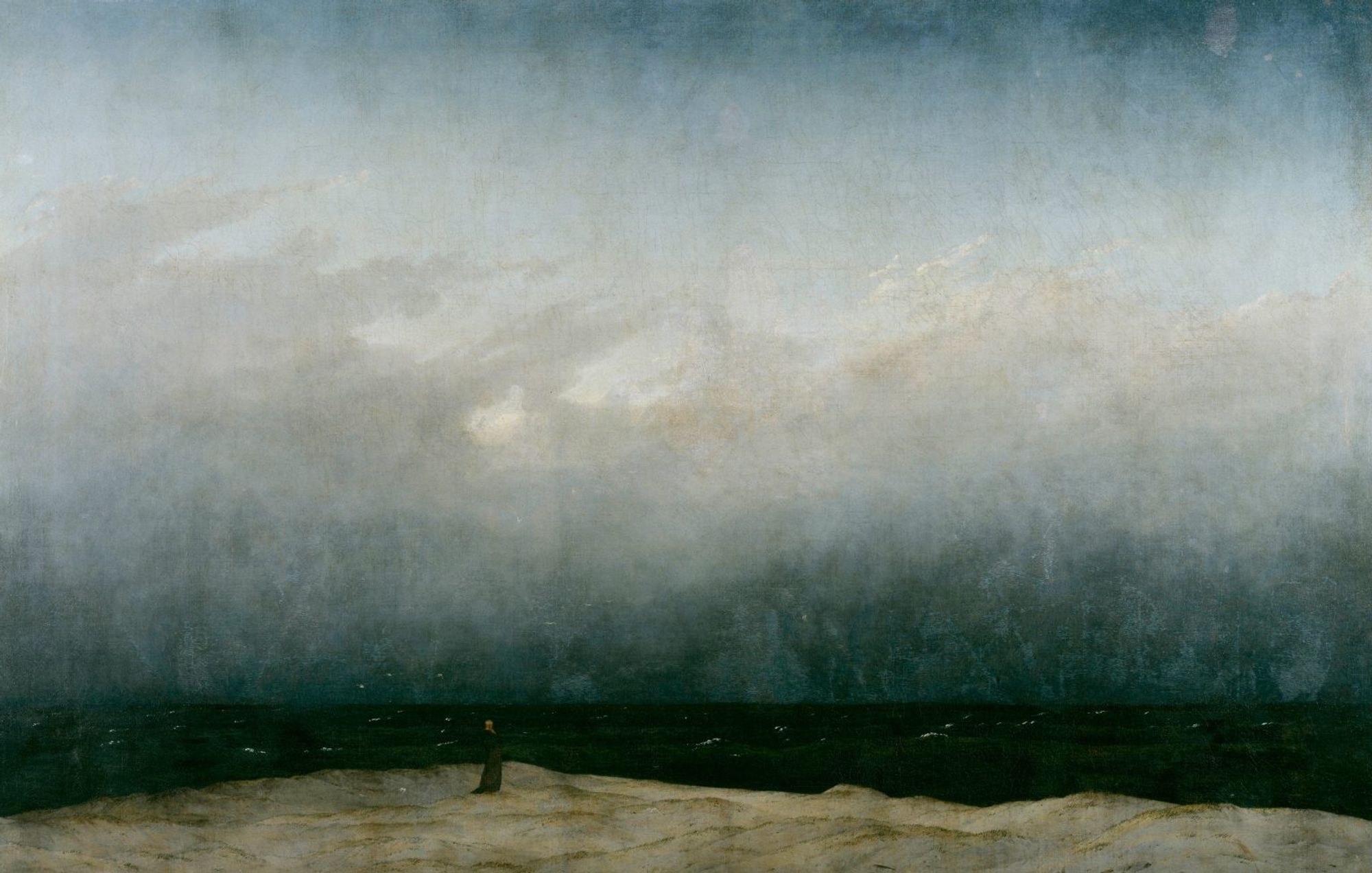 Solitary figure walking beneath stormy sky, painting, Caspar David Friedrich.