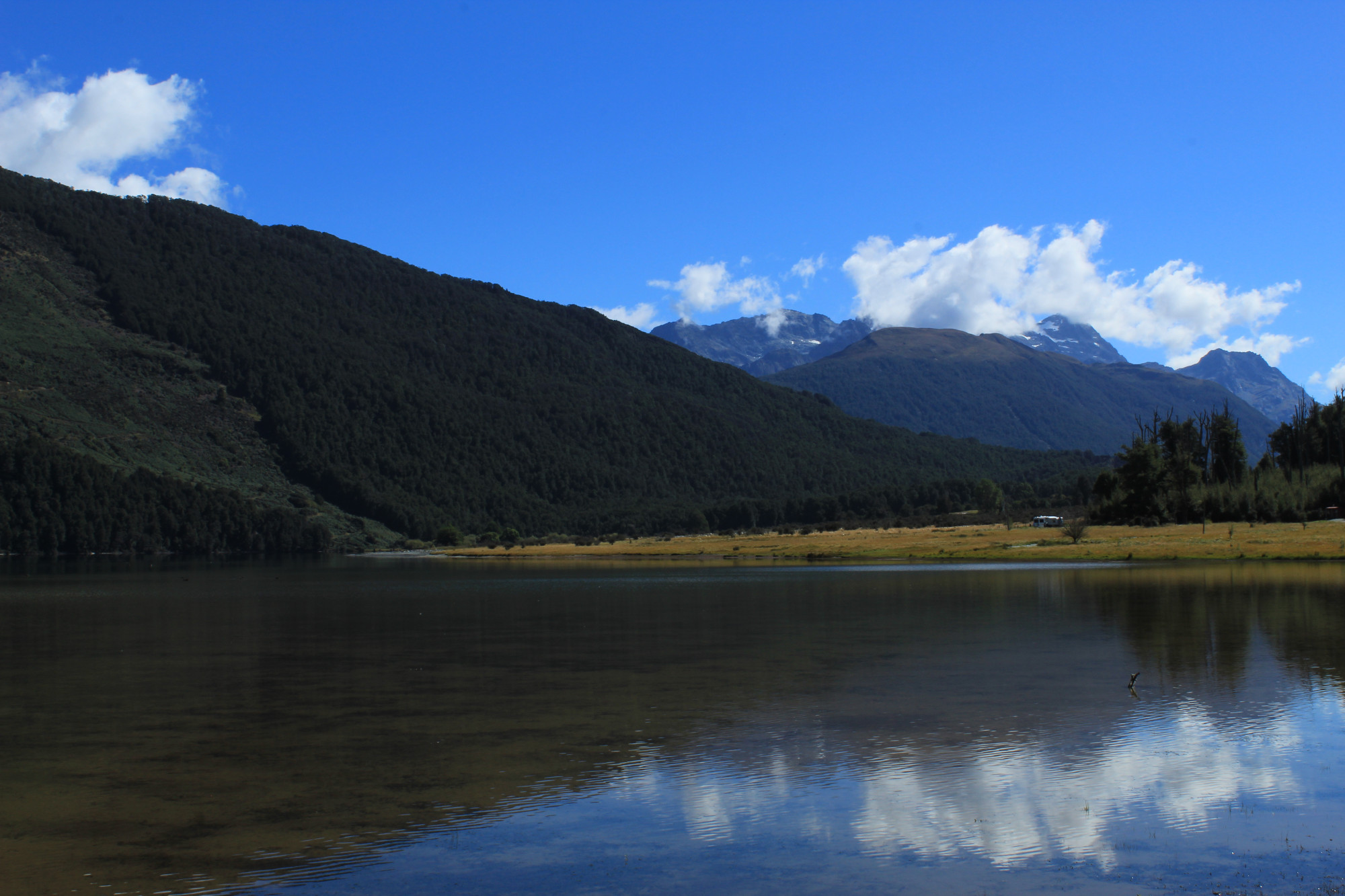 Mountainous landscape behind a lake in Mount Aspiring National Park, New Zealand. The trees on the slopes of the mountain are dark green, and small, white clouds appear around the mountain peaks. The reflection of the mountain is visible in the water on the bottom half of the image.