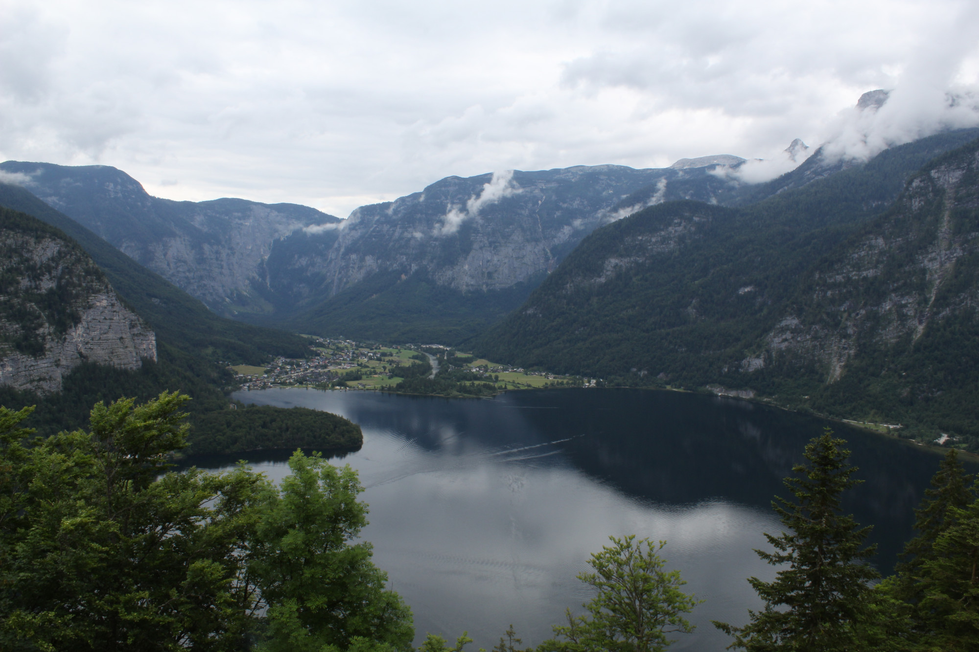 Lake Hallstatt, Austria, taken from considerable height. The sky is overcast, and mountains partially covered with dark green foliage appear in the background. The tops of a few trees appear in the foreground, particularly in the bottom left and right.