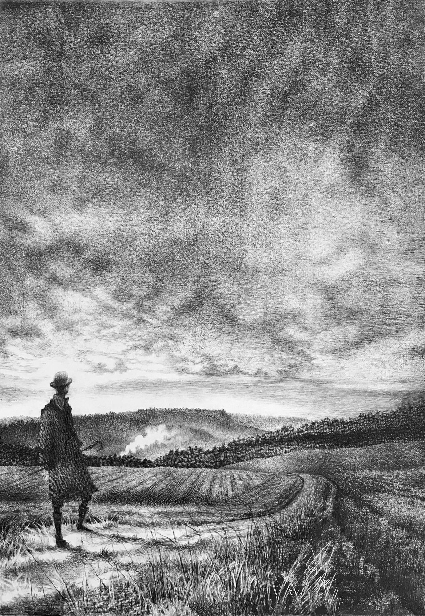 A black crosshatch pen and rolled printmaking ink illustration on white paper  of a man out for a stroll in the countryside. The gentleman stands on a track that slopes downhill through farm fields. He is wearing a long coat, bowler hat, walking boots and he carries a walking stick. He gazes towards a puff of steam rising out of a secluded forested valley…a train track. He intends to explore. A grey and gloomy sky overhead. Atmospheric. 