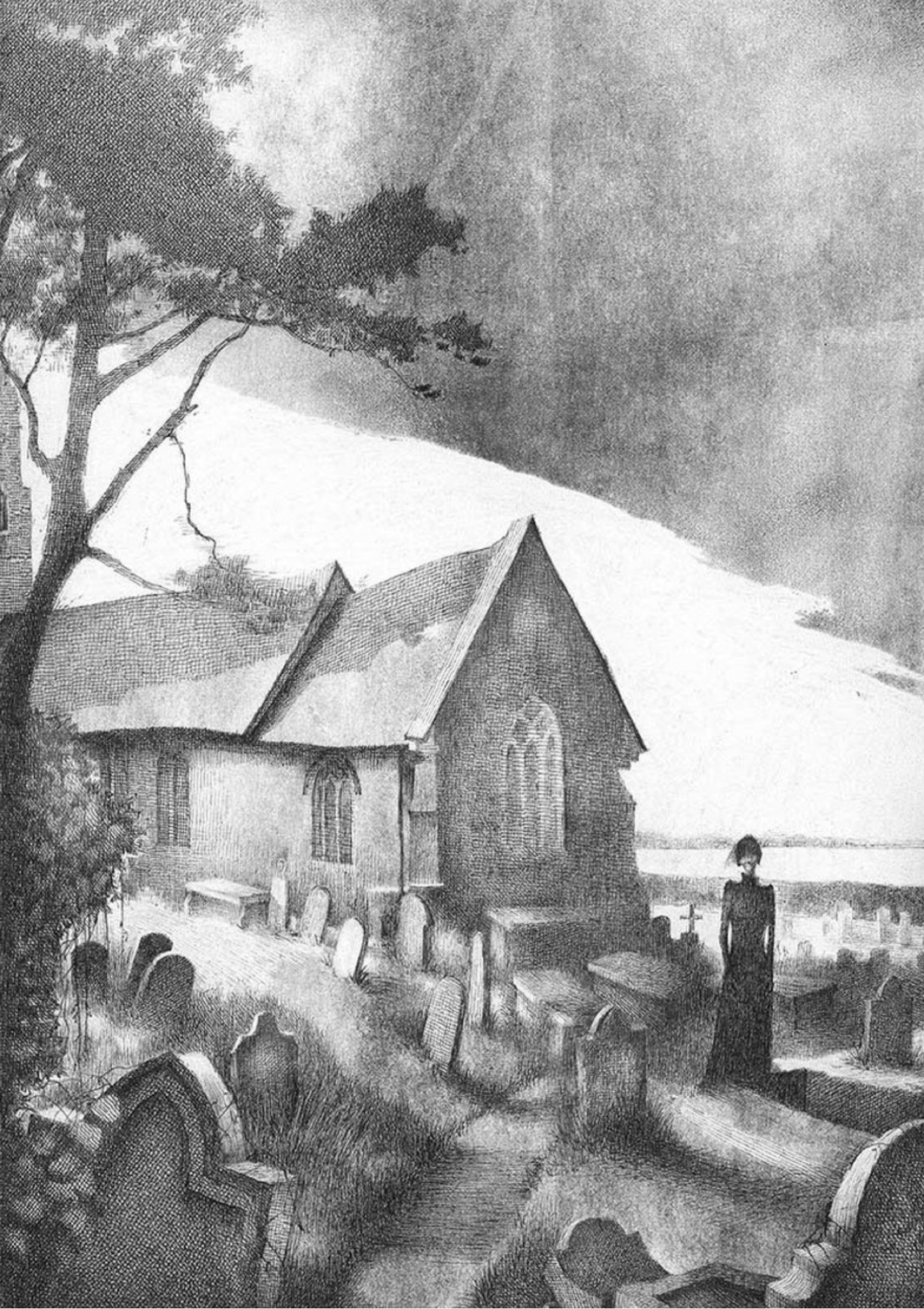 An illustration of a woman wearing a black funeral dress. She is standing in a graveyard at an open grave, there are many headstones and an old church in the background. A Yew tree hangs over the headstones on the left of the image and a slash of grey sky at the top of the illustration. In the far distance weak sunlight reflects on an estuary. A feeling of sadness, bleak and atmospheric. A haunting. 