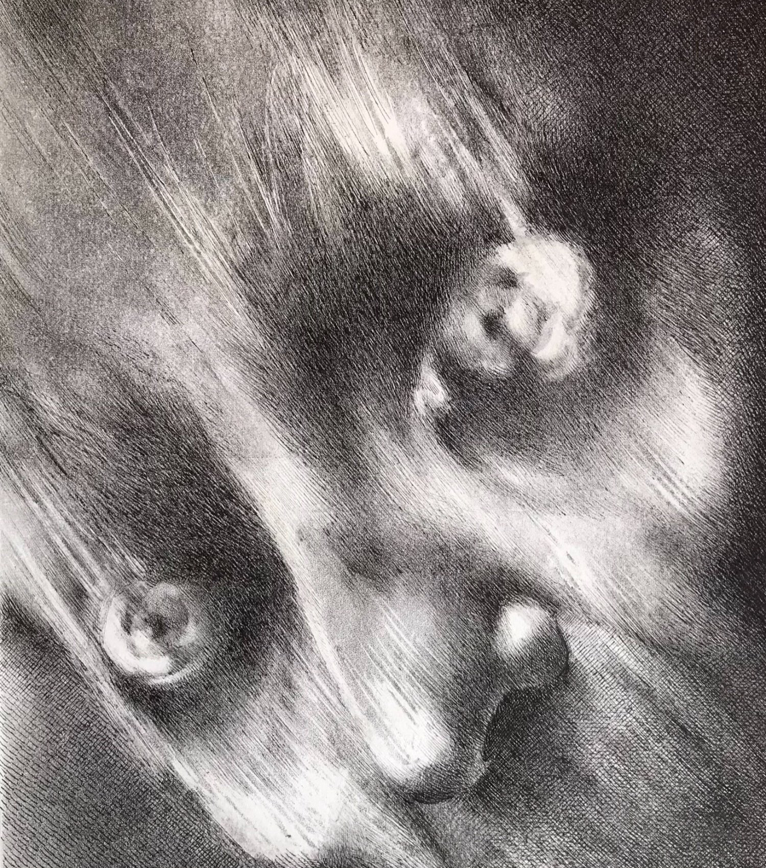 An illustration of the woman in black in extreme close up. Her eyes and nose are central in the composition. Her eyes are full of hatred…and sadness. A black crosshatch pen and printmaking ink applied with a roller on white paper. 