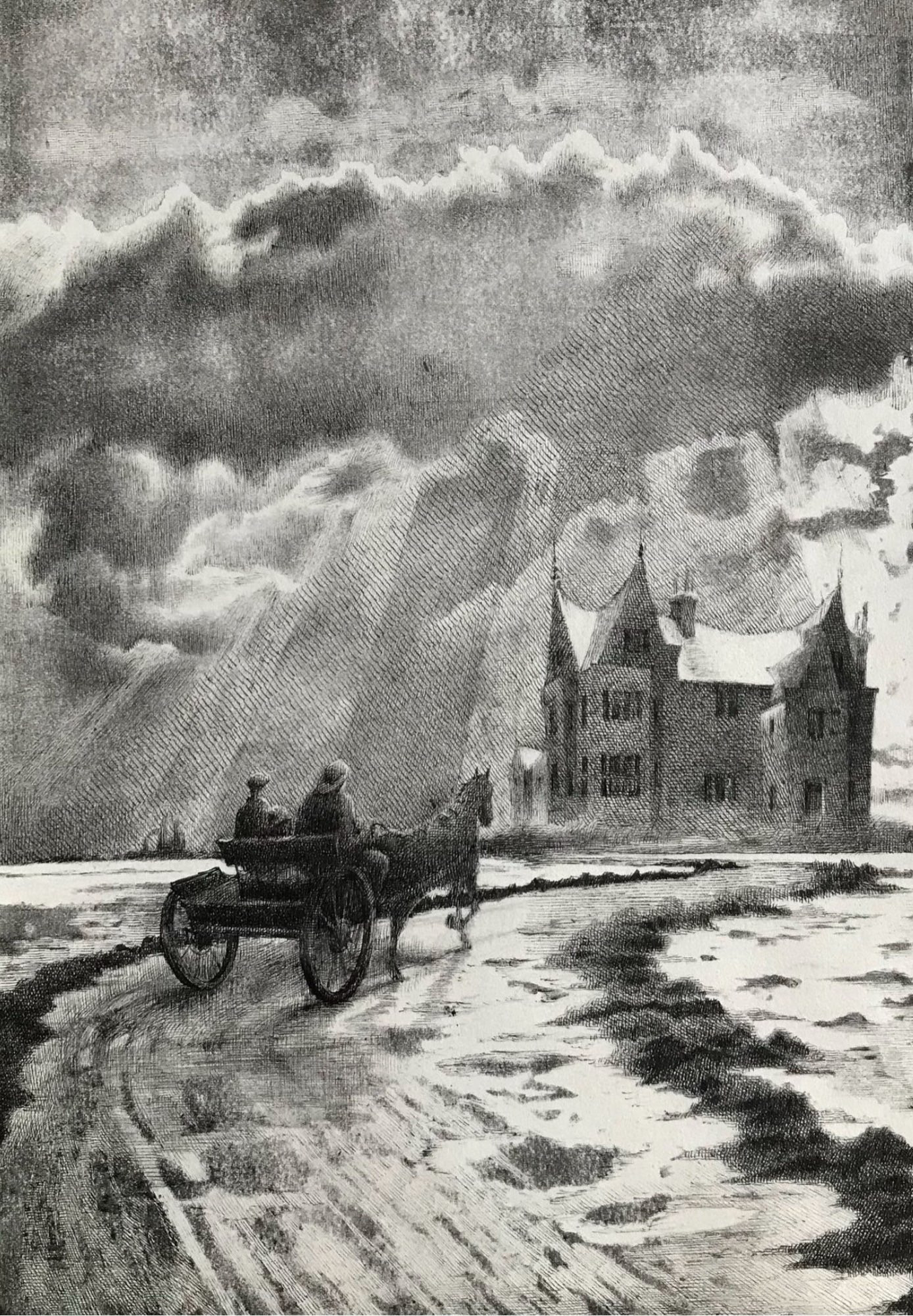 An illustration of two men on a horse & cart making their way across a causeway toward a large Victorian house on a small island at the end of the causeway. The causeway is wet and muddy with deep tracks and seaweed strewn across it. A moody sky with bursts of sunlight illuminating the roof of the house and the estuary surrounding the island. Black crosshatch pen with printmaking ink applied with a roller on white paper. Atmospheric. 