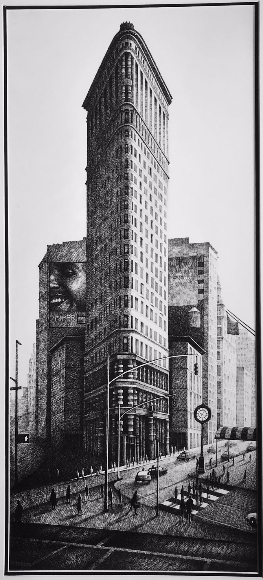 A black and white pen illustration of the Flatiron Building in New York. Sunlight streaming down the avenue creating shadows of the people and street lamps in front of the thin wedge of the building that is the Flatiron, it has many windows. Buildings either side, one with a water tower and one with a billboard with a smiling man on it.