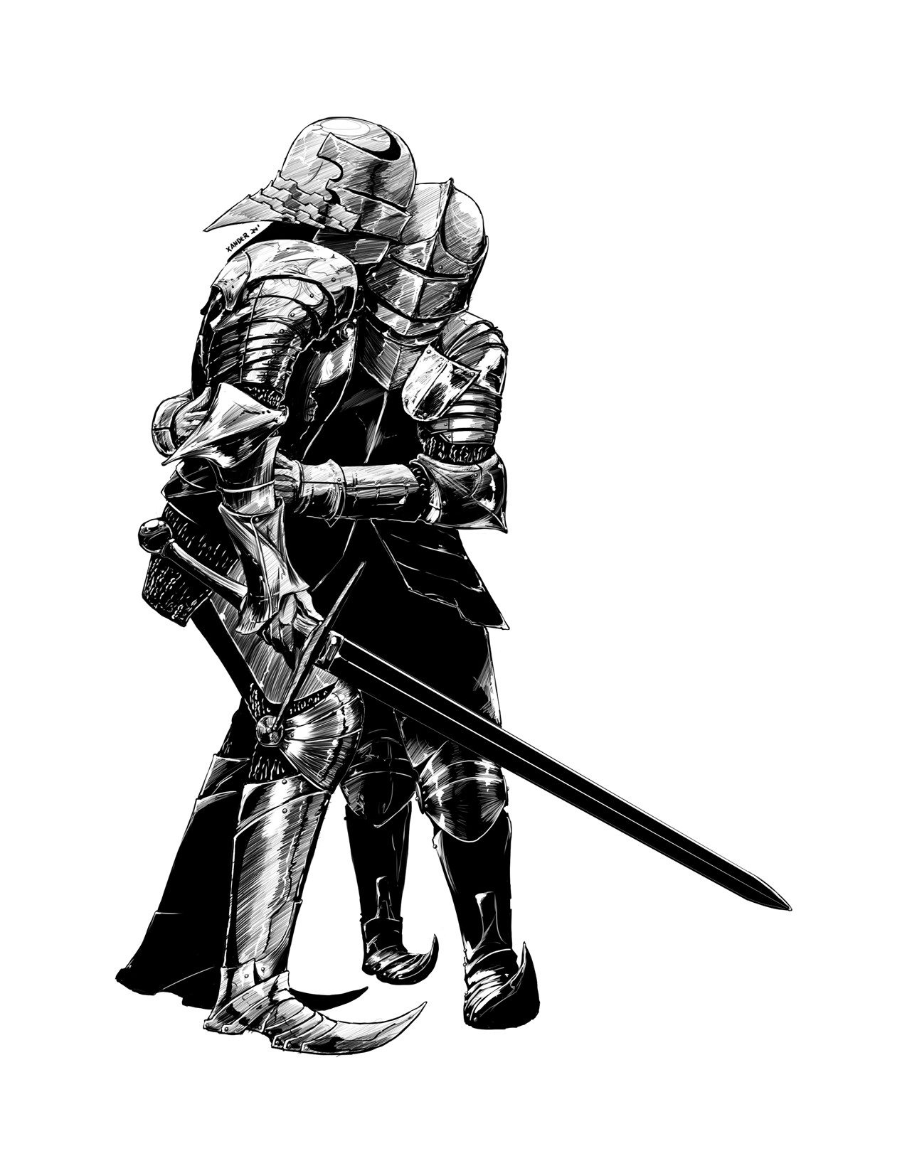 Two knights in full plate armor, late 14thr century sallet helmets, they are supporting one another after battle.