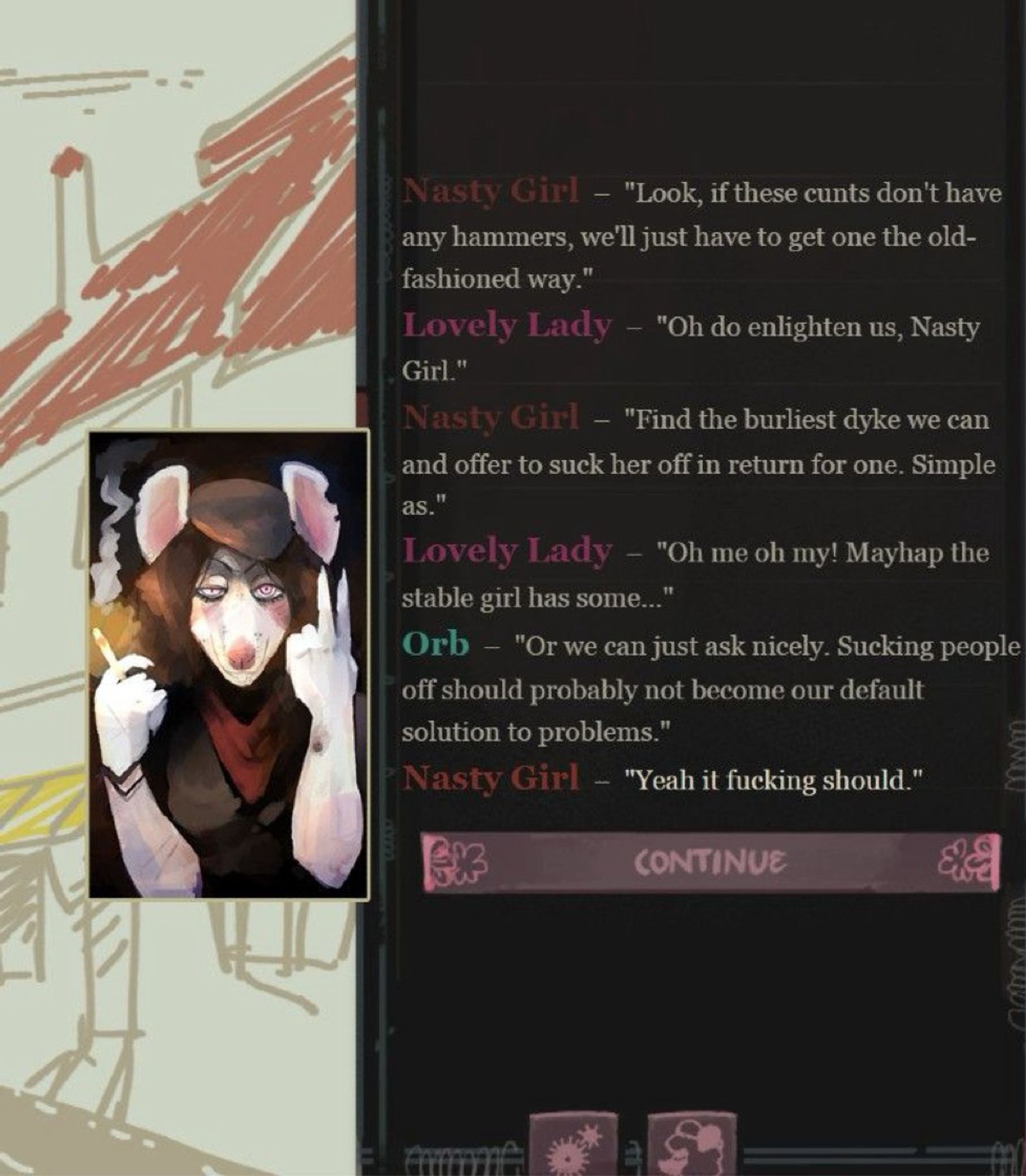 Screenshot from Lovely Lady RPG, in which Nasty Girl suggests sucking off a dyke for a hammer