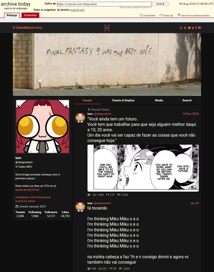 O perfil do Twitter do usuário "ohayoutom" num site chamado "X Cancelled" e armazenado no "archive.is". O autor do post presta sua homenagem ao Tom, que faleceu em 2024, salvando seu legado, antes que o Twitter seja suspenso do Brasil.