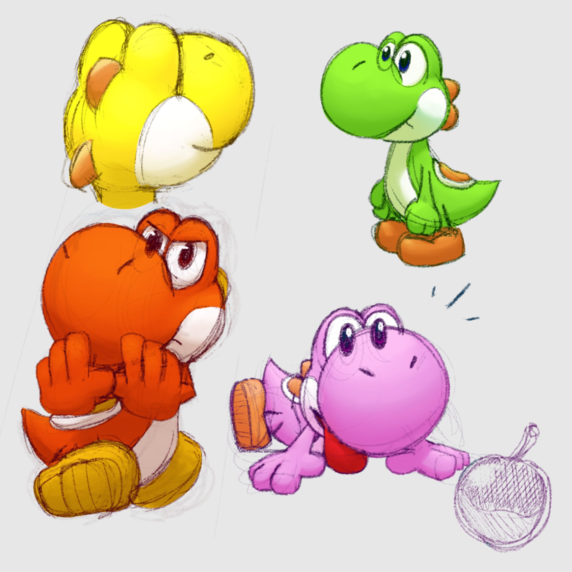 A compilation of different colored Yoshis with ther design from Mario & Luigi: Superstar Saga