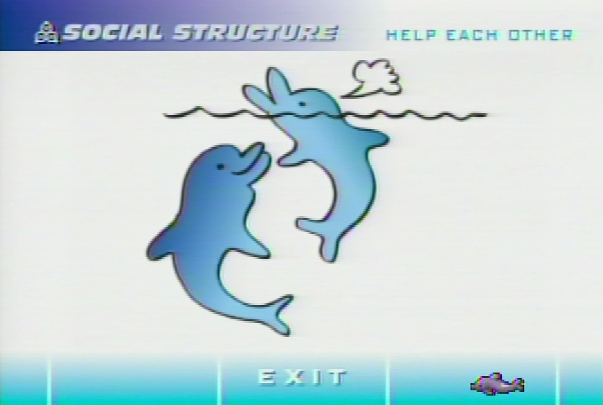 Game screenshot depicting two cartoon dolphins. One is being held up to the surface to breathe by the other. The caption reads "Social structure - help each other"