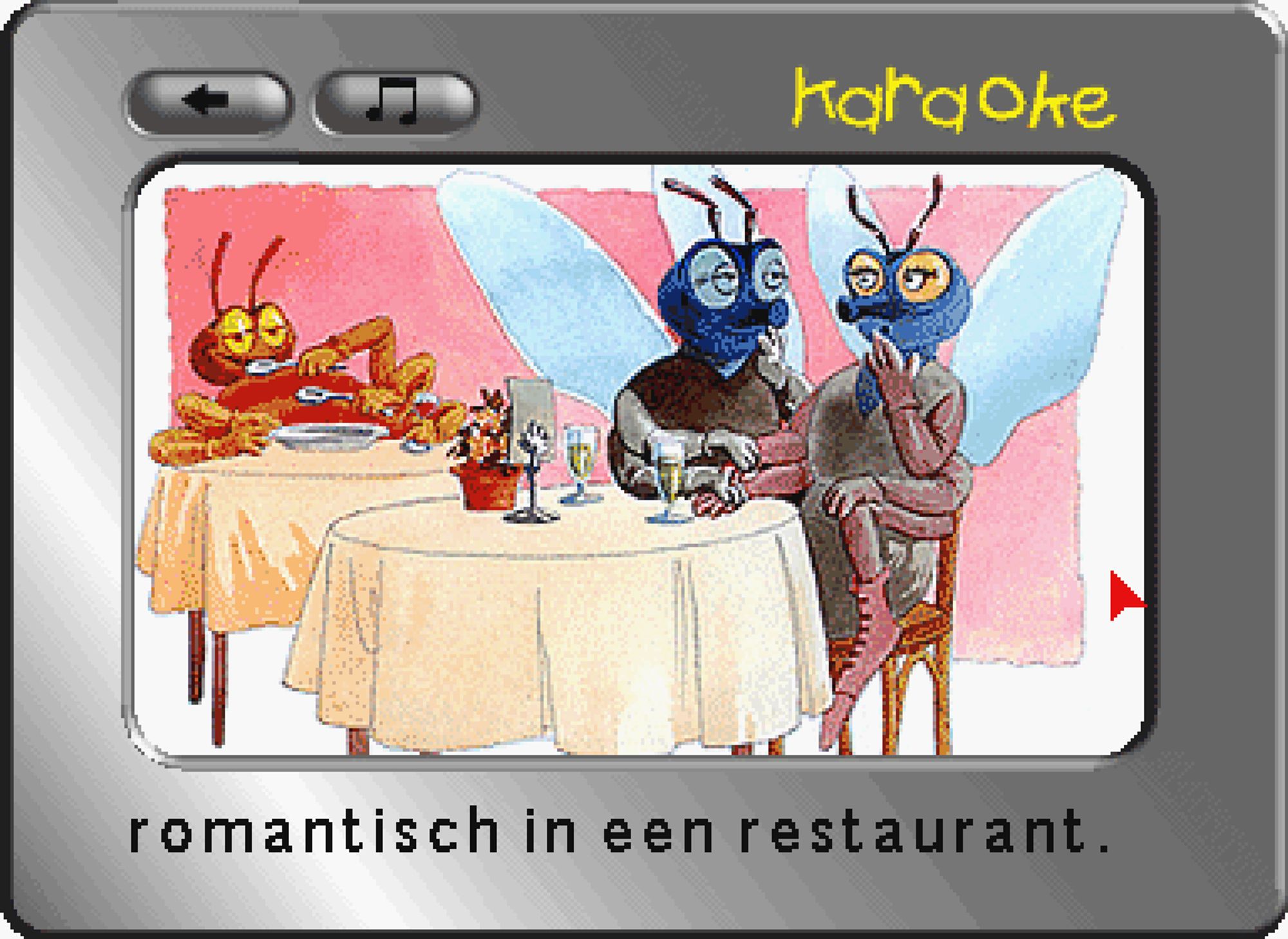 Game screenshot: two anthropomorphic insects on a date in a restaurant.