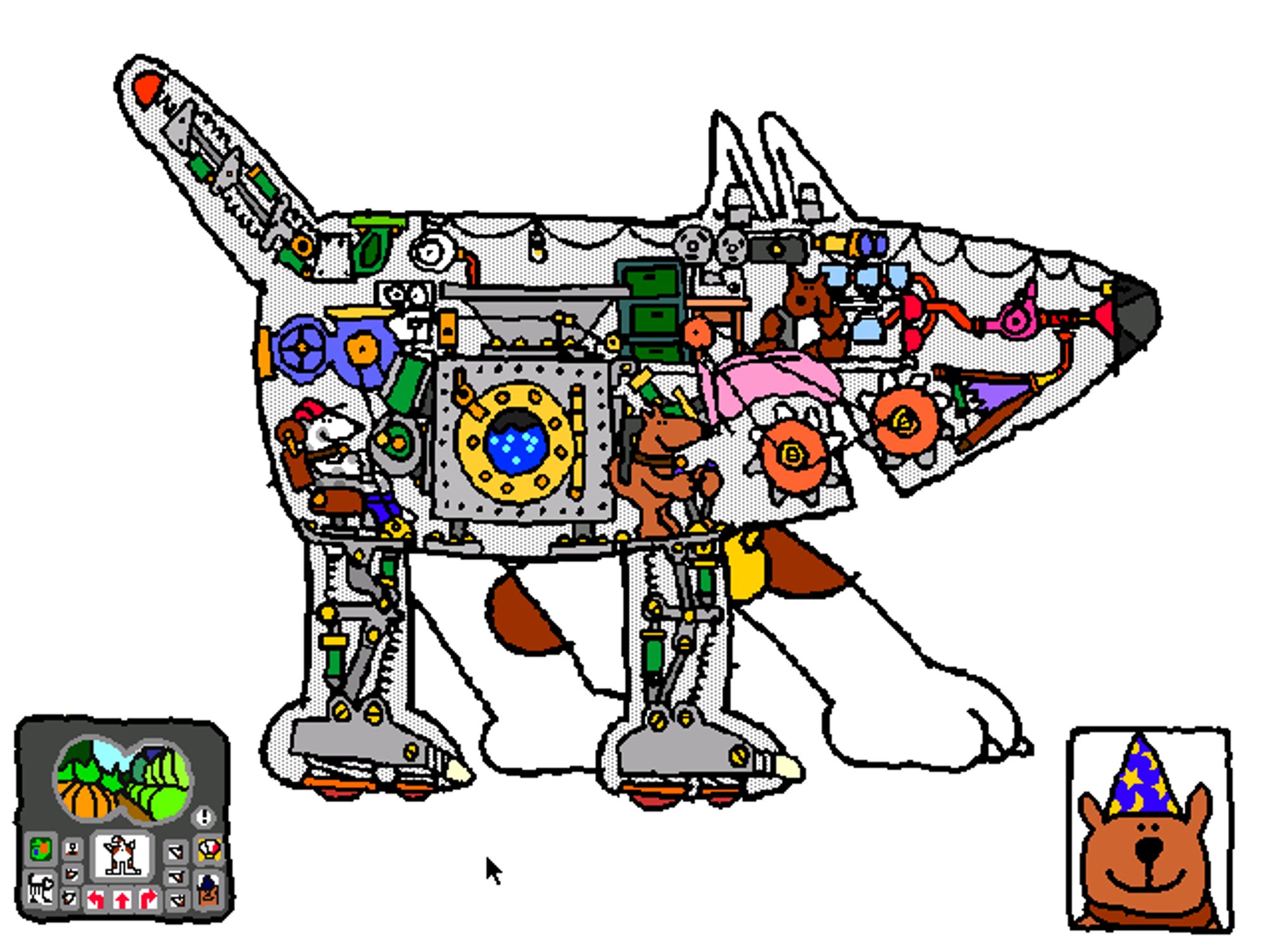 Game screenshot showing a cutaway of a dog, revealing that it's actually a robot being operated by other dogs.