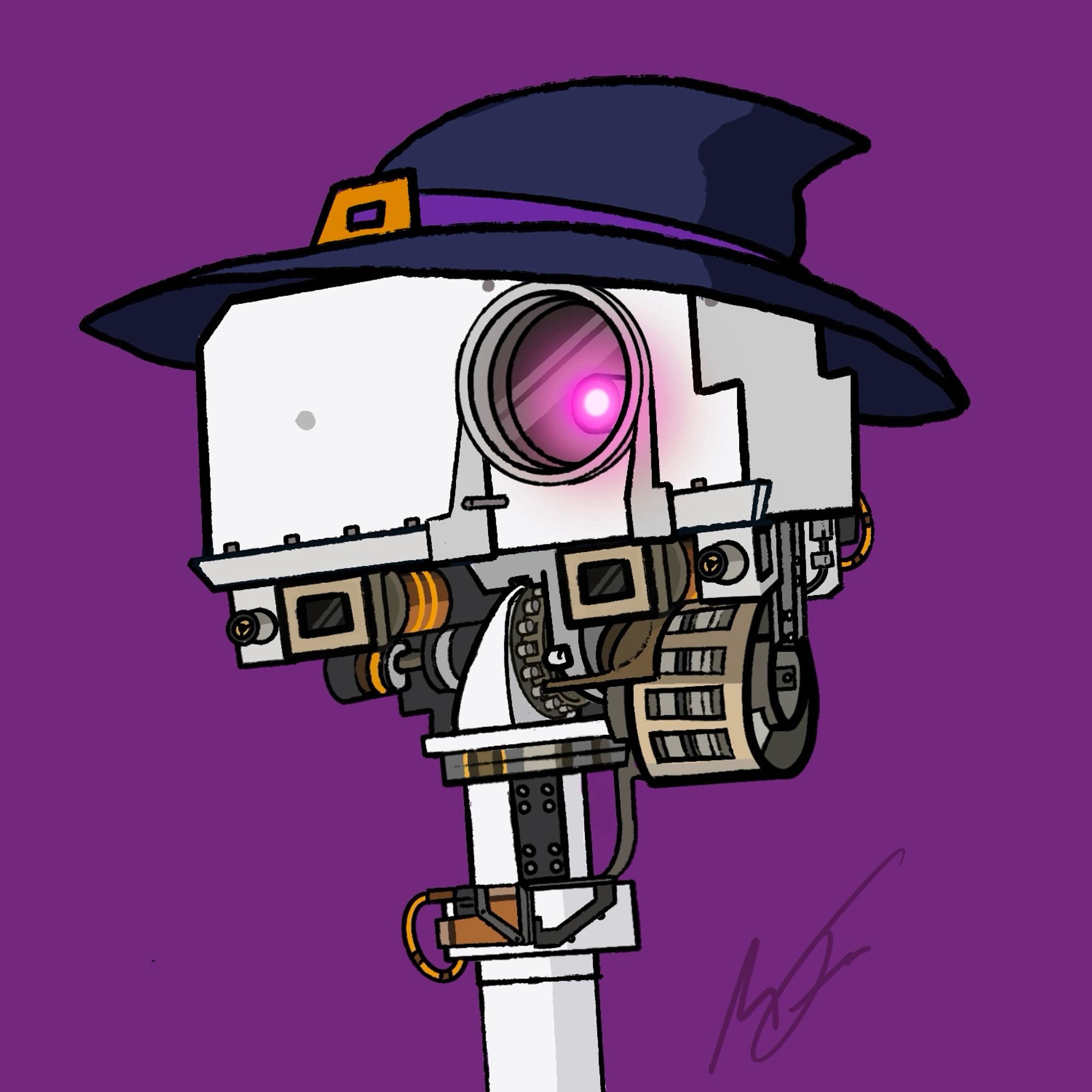 Picture of Percy the Mars Rover wearing a witch’s hat with a purple background