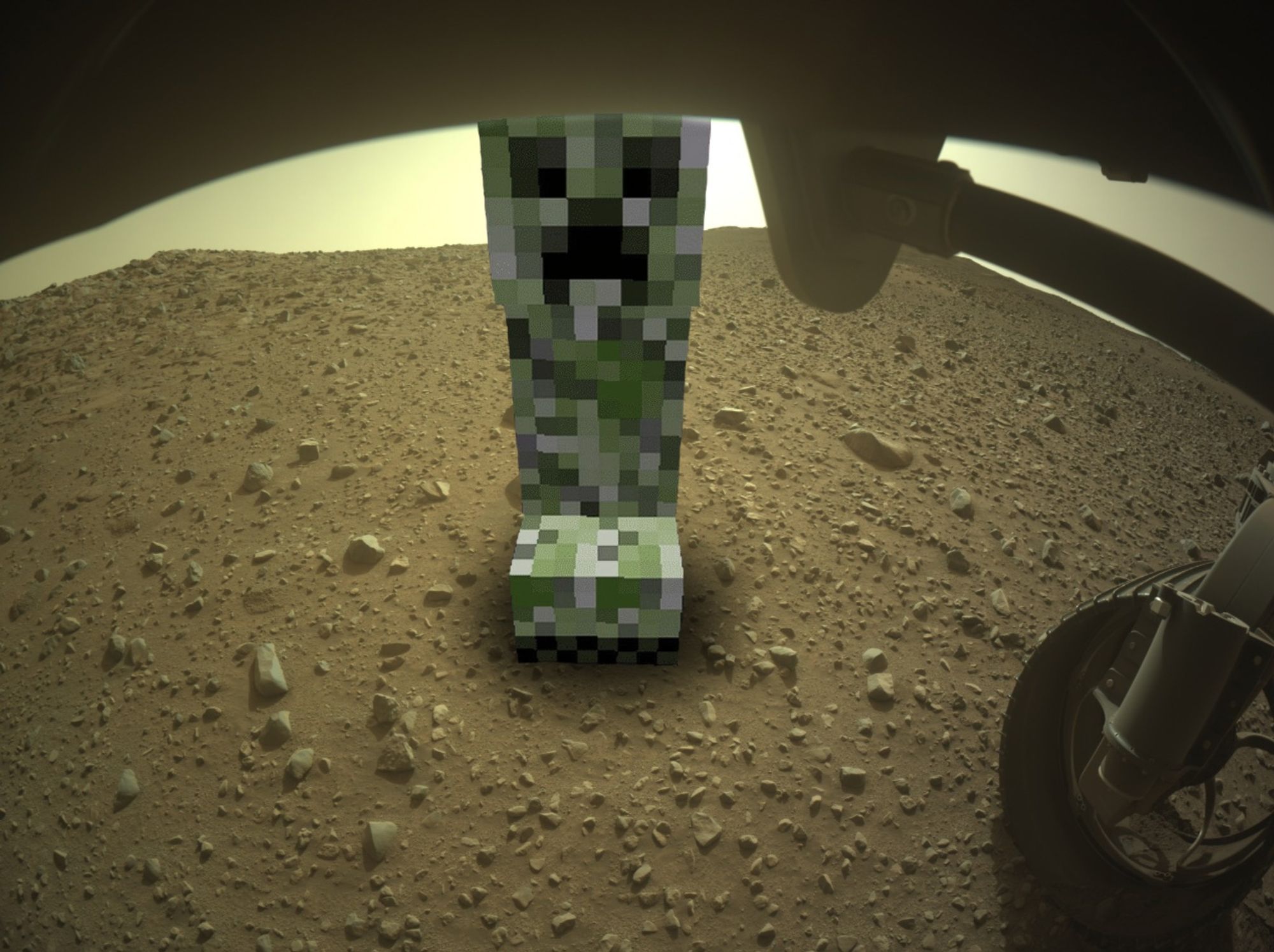 Image of a Minecraft Creeper as seen through a hazcam on the Perseverance Rover