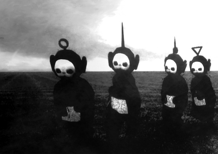 Black and white photo of Teletubbies on their way to get you