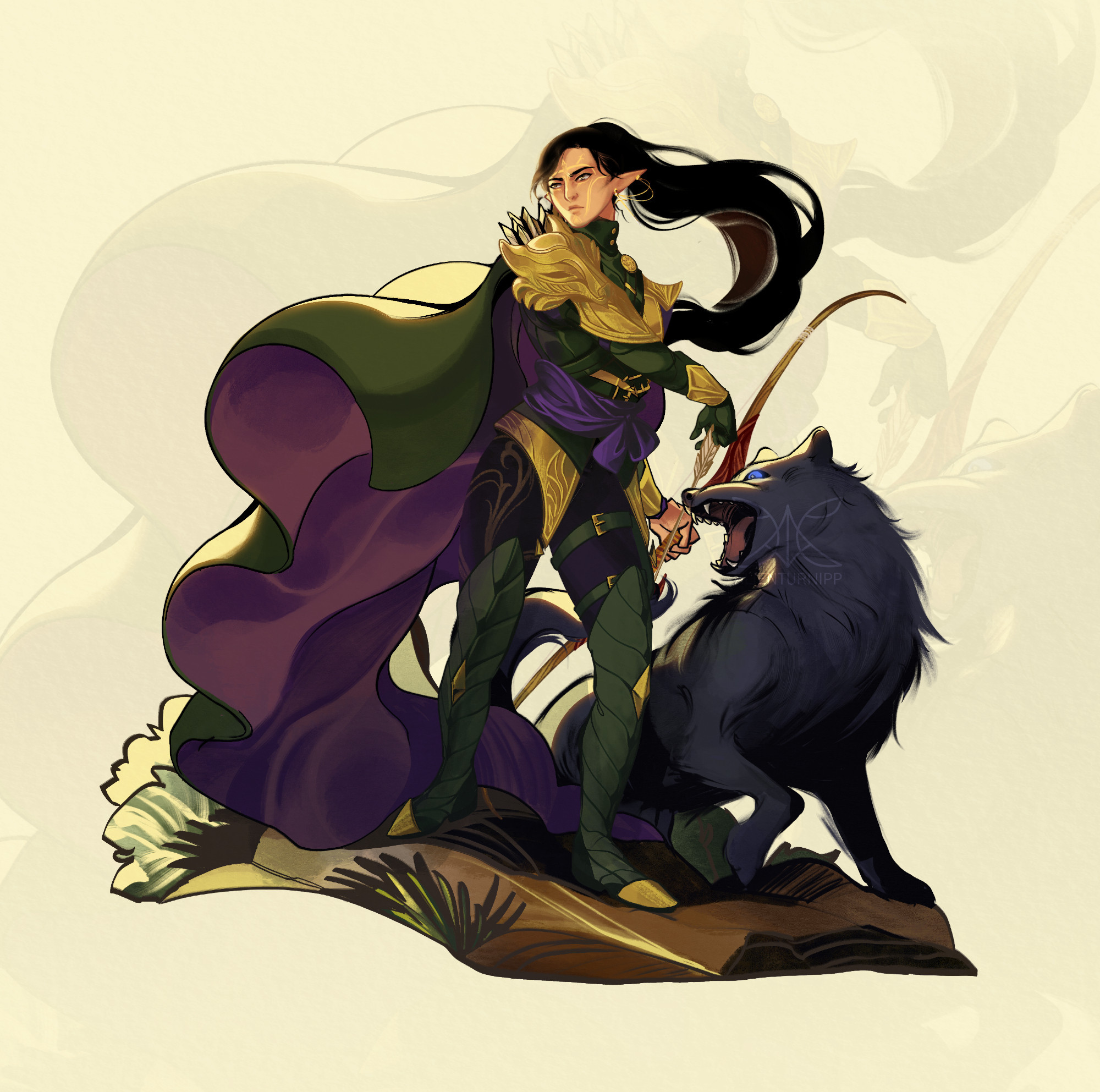 Fullbody portrait of Myria, an elven archer with east asian features, long black hair styled in a high ponytail. She's dressed in golden armor, a long billowing cape, and fine textiles in colors of green and purple. Her right pauldron is sculpted in the shape of a wolf's head, and she holds a recurve bow made of red wood. She stands in the same posture as the statue of goddess Diana by Bernardino Cametti, a large black wolf standing proudly at her left.