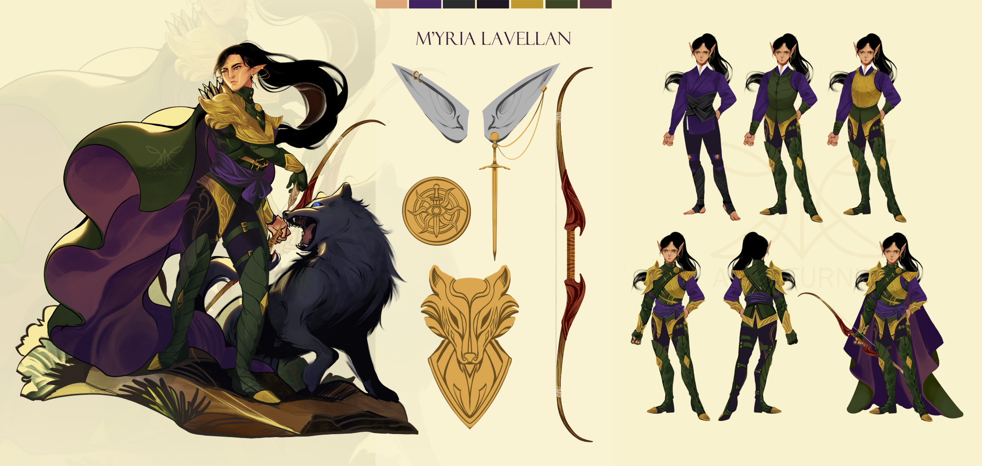 The character sheet of Myria, laying out details of her armors, earrings, and clothing layers.