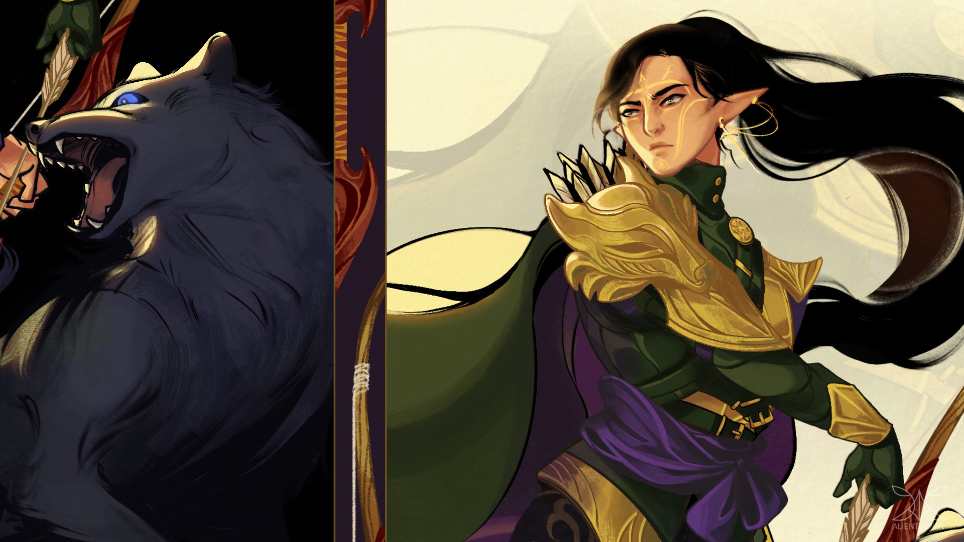 Myria's portrait, zoomed in to show her from the waist up, alongside a closeup portrait of her wolf.