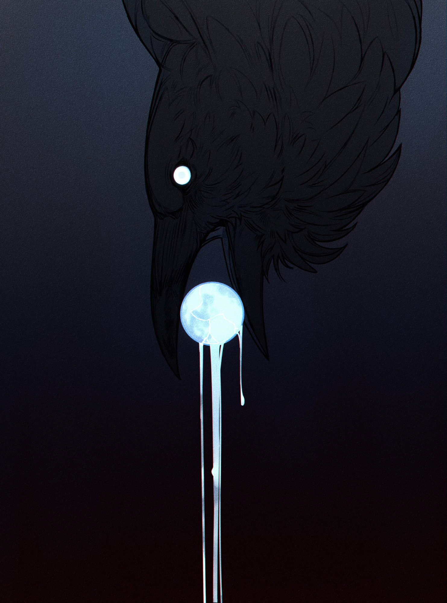 A digital art piece depicting a massive raven holding a bleeding moon between its beak, preparing to devour it.