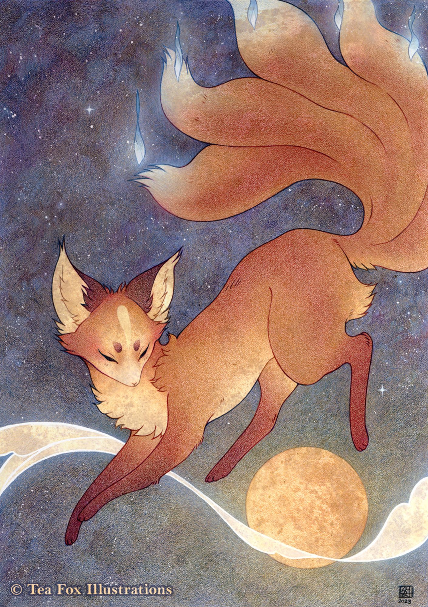 Artwork depicts a red kitsune jumping over a golden moon in the starry night sky. Blue wisps of fox fire hang on each of its five tails. Created on tea stained illustration board with watery acrylic, colored pencil, metallic watercolor, and white ink.