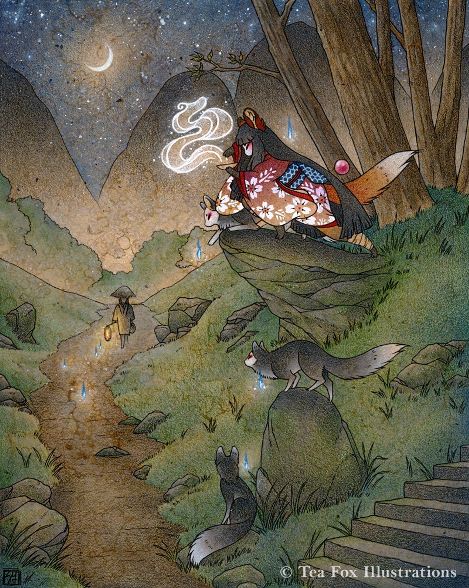 Traditional art depicting a masked fox woman casting a spell on an unsuspecting traveler. Inspired by the kitsune from Japanese folklore.