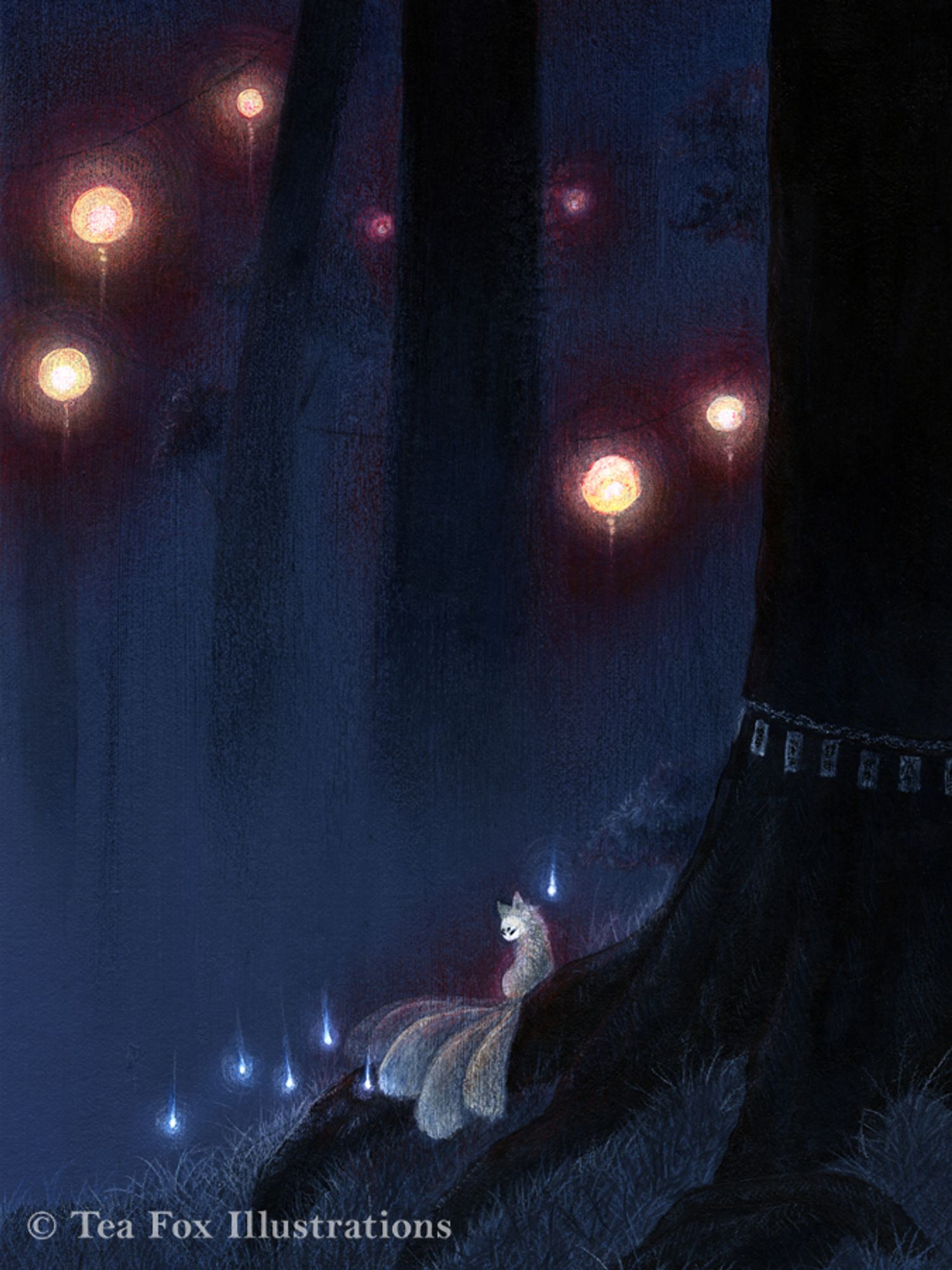 Image depicts a small fox with five tails sitting on the large roots of a silhouetted tree. Blue flames of foxfire trail down from the tails of the fox. In the background, lanterns glow in the blue black darkness of the woods.