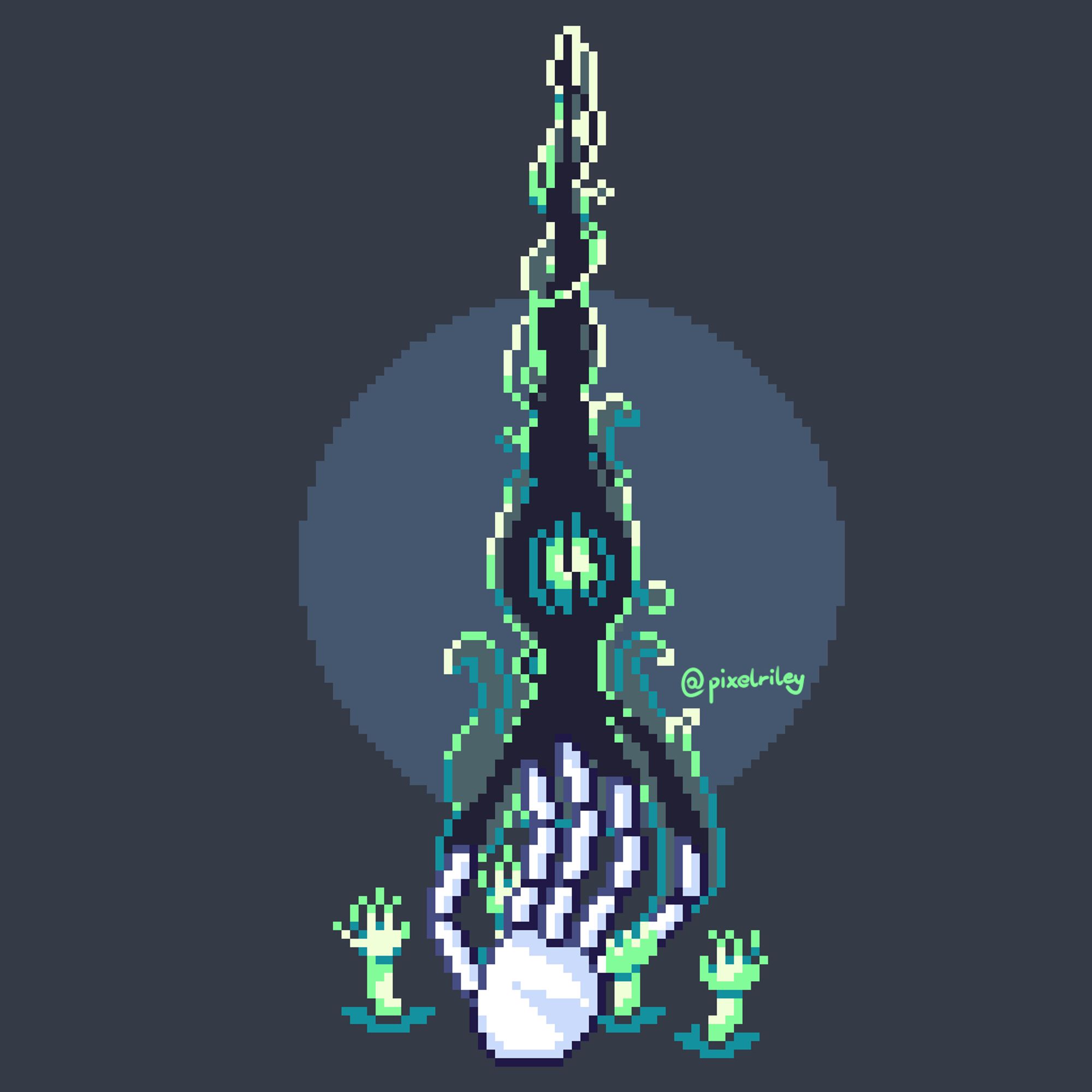 A pixel art drawing of a sword made from darkness, coming out of the fingers of a skeleton hand coming out of the ground. The sword has a green aura around it. There are smaller, green ghost hands coming out of the ground around the main one. One of the ghost hands is grabbing the main one.