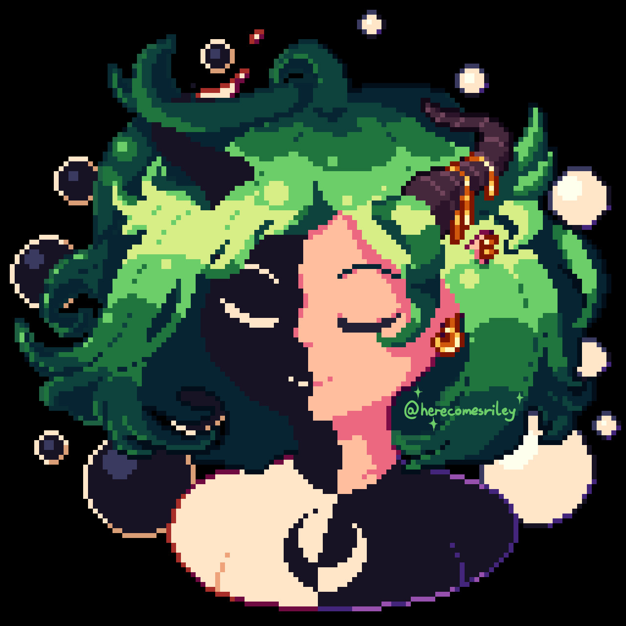 A pixel art drawing of a person with green flowy hair. They have horns and elf ears. There are some golden decorations on one of their horns, as well as a golden earring in the shape of the moon in their ear. The right side of their face is completely dark. They are wearing a t-shirt in split colors, white and black. The split occurs at the same point where their face changes to dark. There is a moon sigil on their shirt. There are black and white orbs floating in the background. 