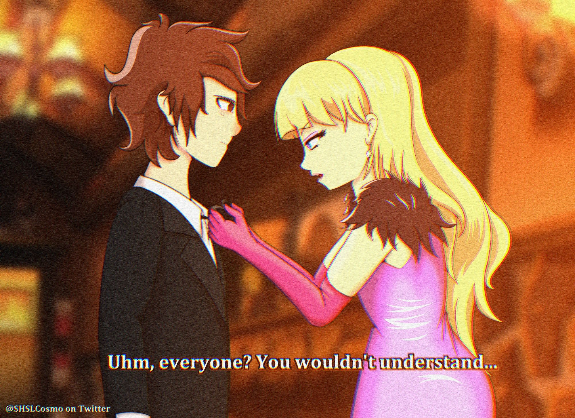 A redrawing of a scene from the Gravity Falls Episode "Northwest Mansion Mystery" from Season 2. Pacifica is adjusting Dipper's bowtie while saying the dialogue "Uhm, everyone? You wouldn't understand..."