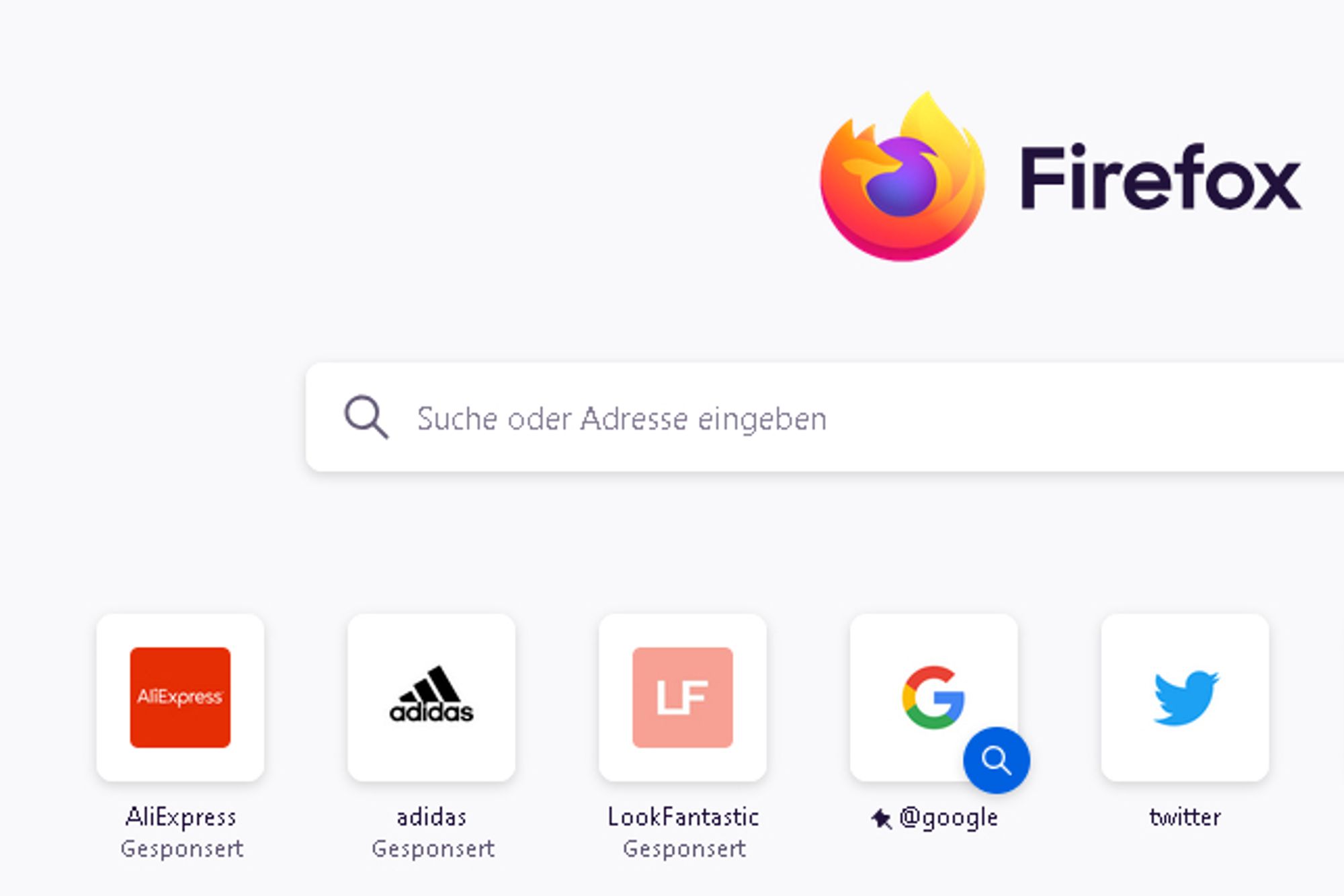 Firefox startseite mit den Favoriten, die am meisten besucht werden. Unter diesen befinden sich aber auch AliExpress, Adidas, und Lookfantastic mit dem Zusatz "gesponsert"