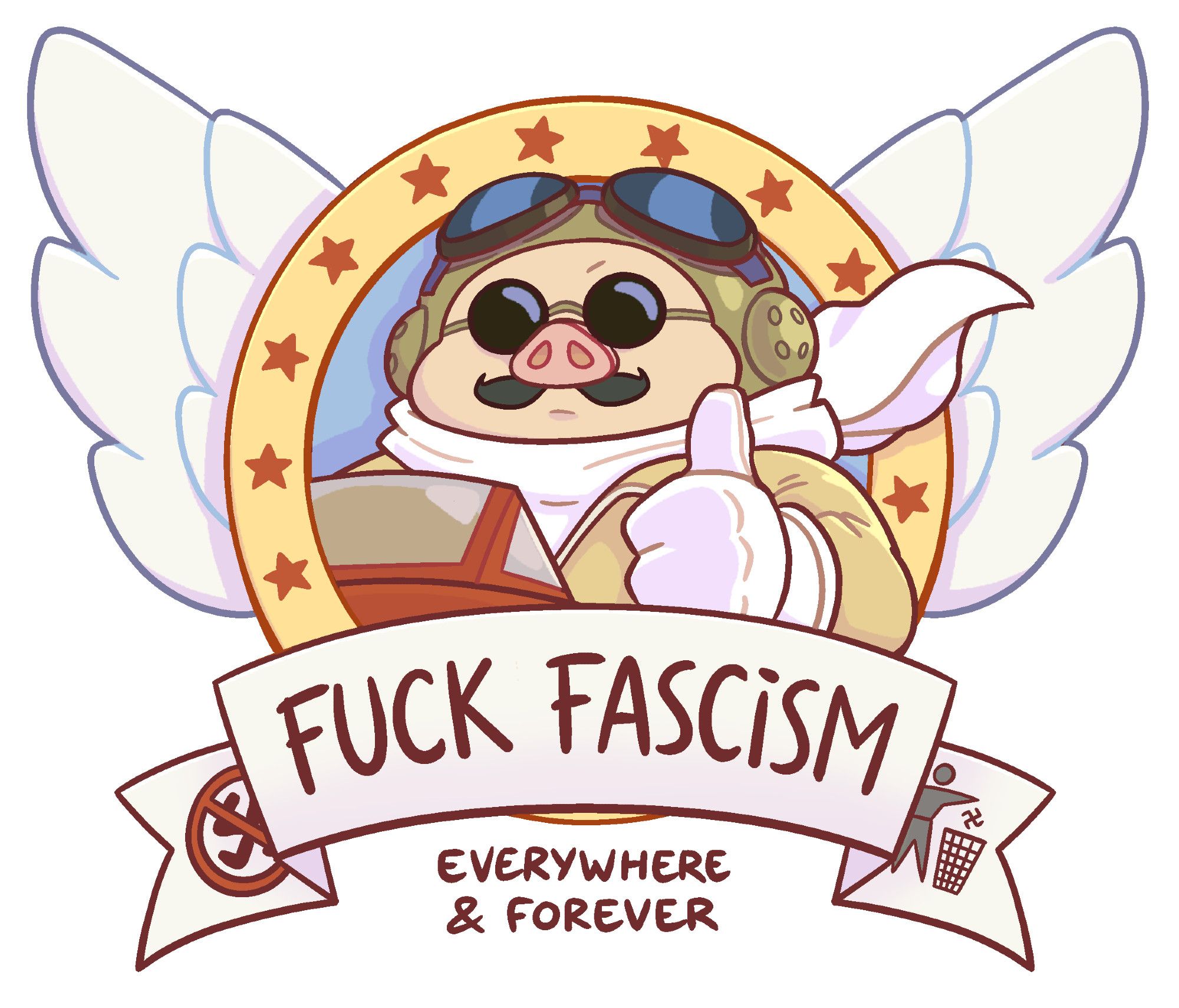 A picture of Porco-Rosso giving a thumb-up, on top of a banner that say " Fuck Fascism - Everywhere & Forever ".