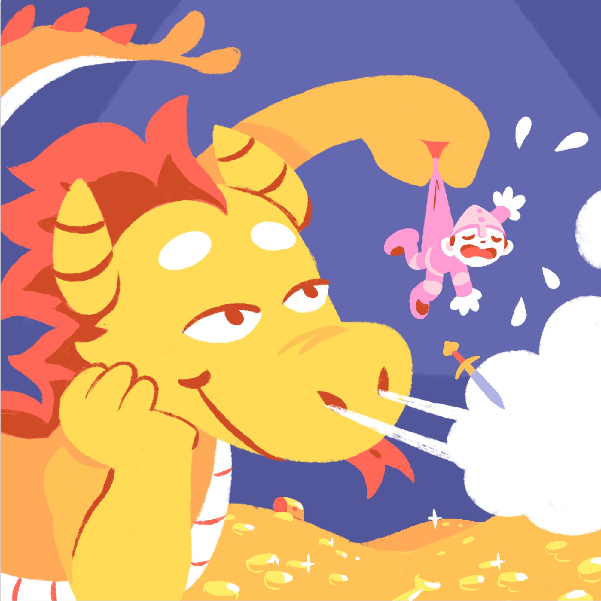 A pink yellow dragon looking amusingly at a pink-knight they captured