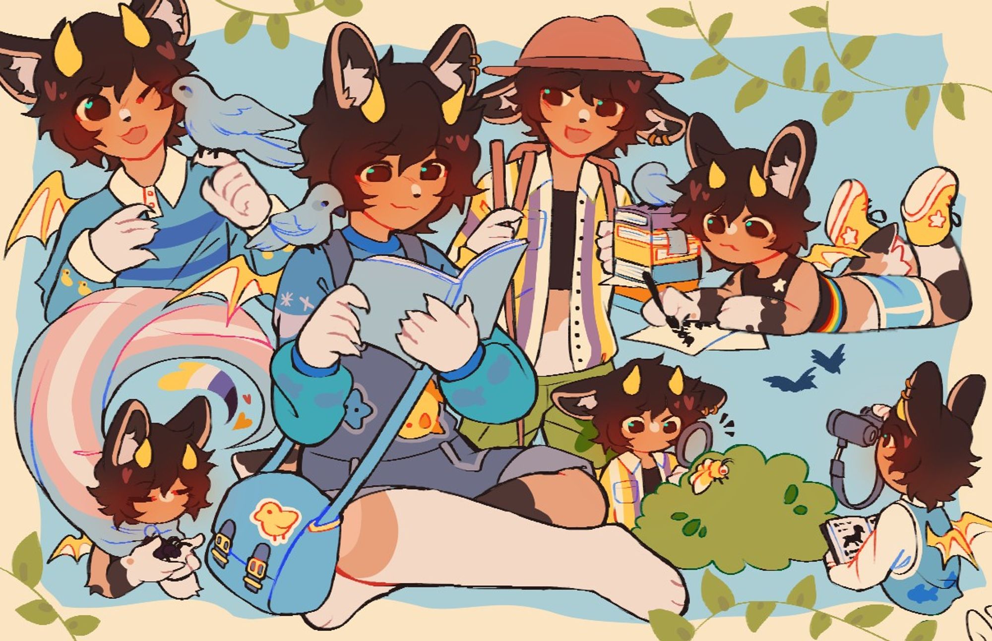 A big sketchpage drawing, depicting a furry bat with yellow accents with their blue bird companion. They're doing alot of activities, like reading, drawing, bug hunting, travelling and birdwatching. There's also the depiciton of the trans flag as price