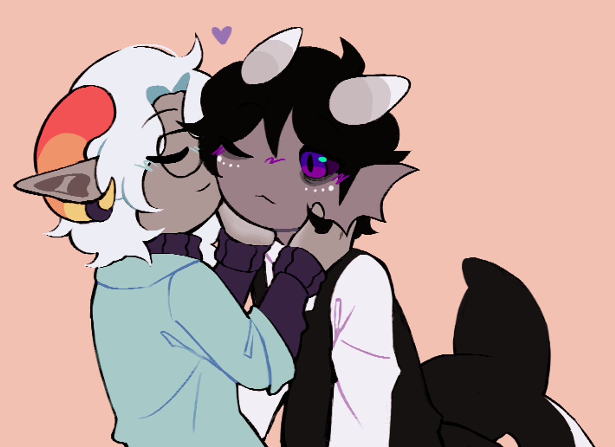 A drawing of fantrolls from homestuck. One tealblood giving a kiss on the cheek of a mutant from fuchsia blood, their blood being purple.