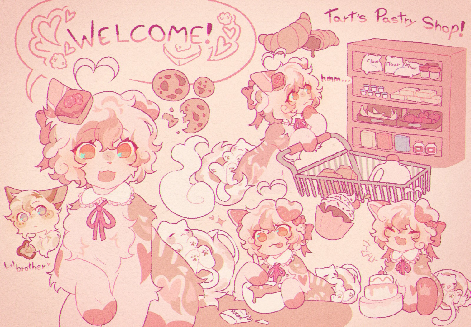 A drawing of a furry feral cat character, named tart. She'd composed of shades of light browns and shades of pinkish red. She's doing a bunch of different activities, like shopping baking and holding a cake. There's a small little headshot of her broher, with the caption "lil brother". The main focus is a halfbody of her saying "welcome" with a bunch of little pink heart details. There's a few props around, like cookies (one of them eaten), croisants and cupcakes. The art gives an overall, comfy vibe.