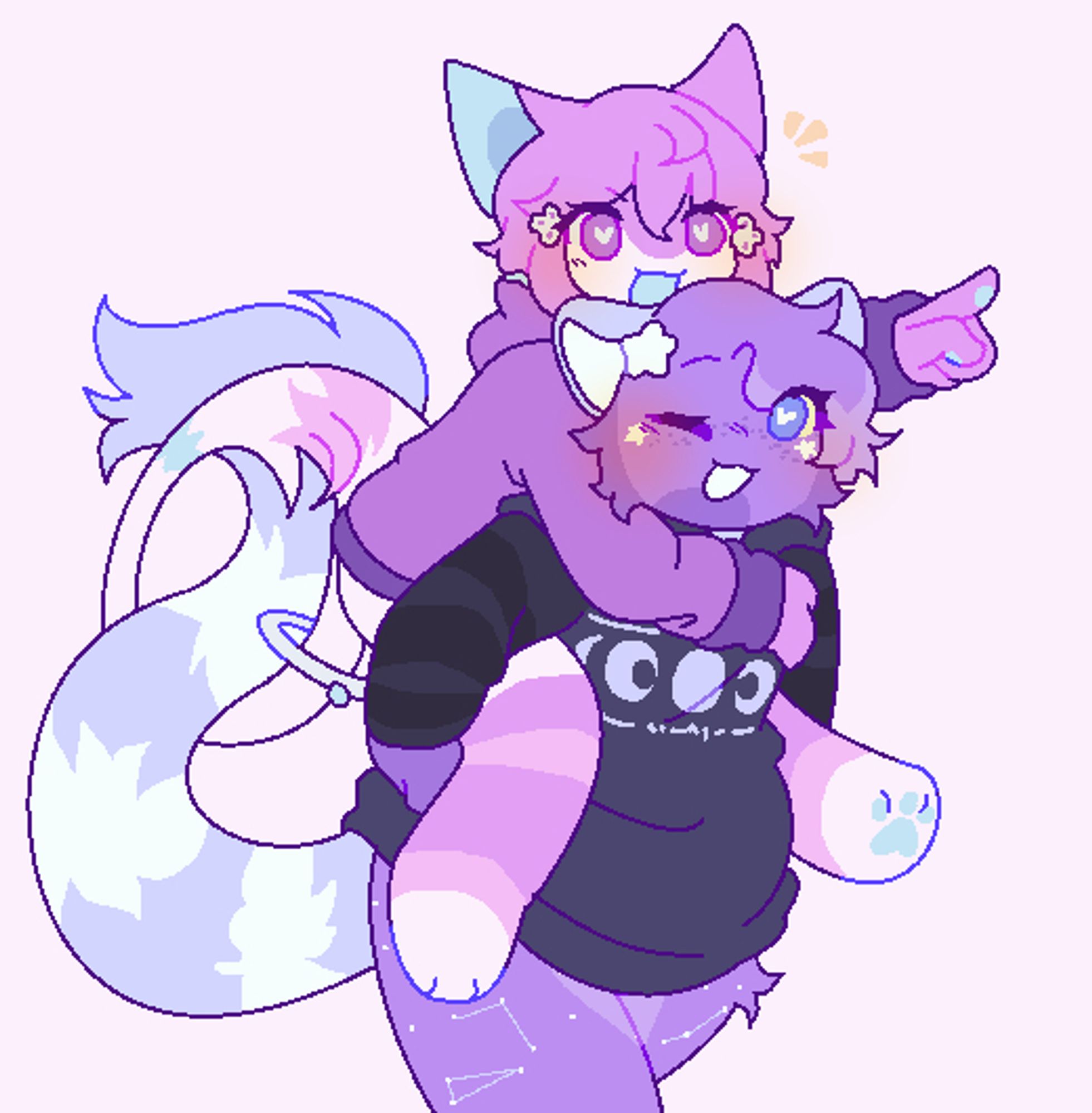 A pixely, pixel artstyle drawing of a furry couple, one having purple fur with start patterns and dark purple freckles while the other one, piggy back riding it, being pink with blue accents