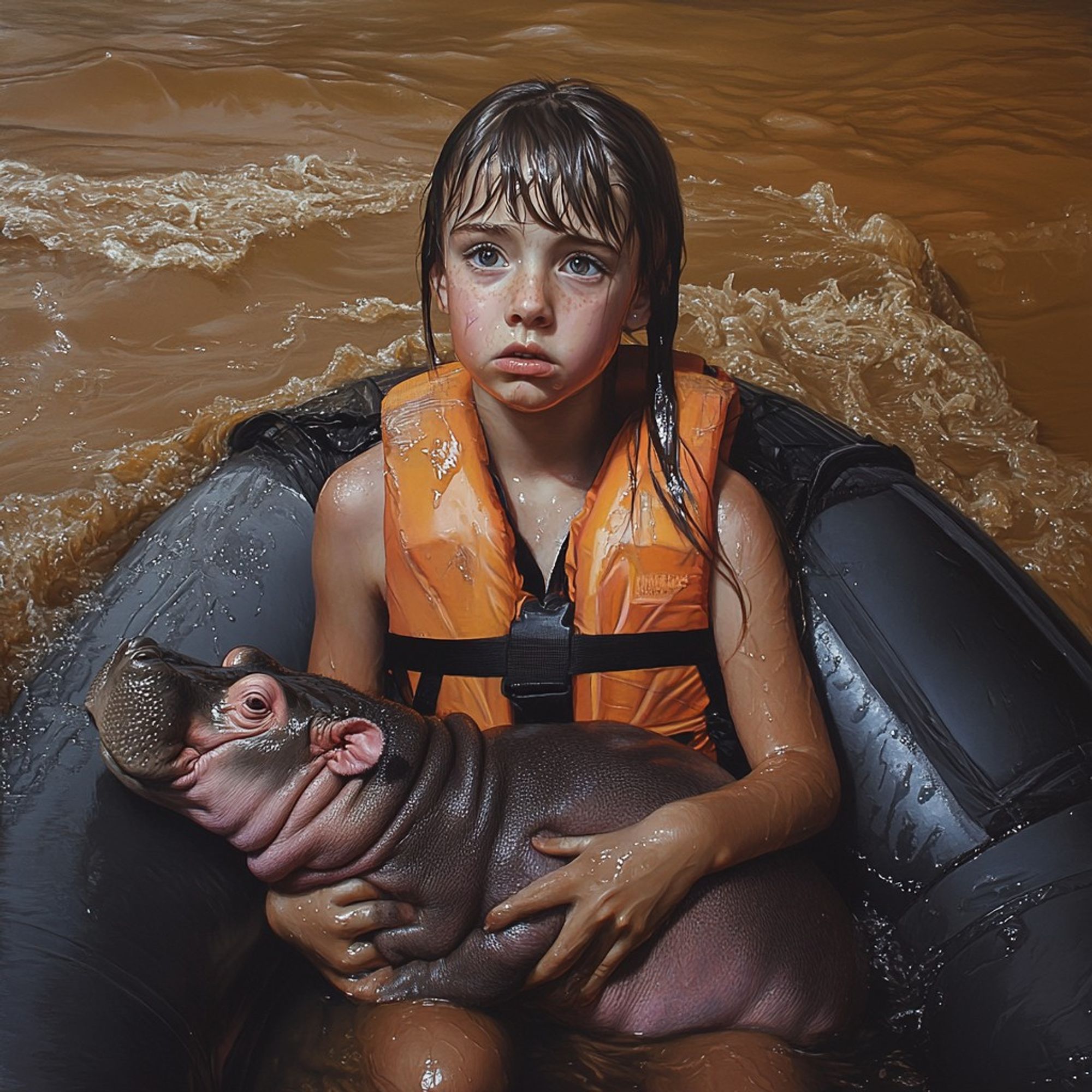 An AI-generated image of a distressed young girl in a raft. The raft is surrounded by brown flood waters, and the girl is holding a baby hippo in her lap.