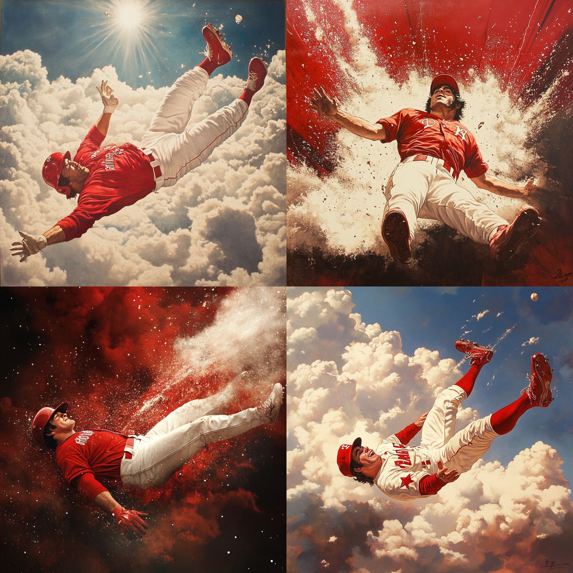 Four panels of AI generated art: A baseball player sliding into clouds.