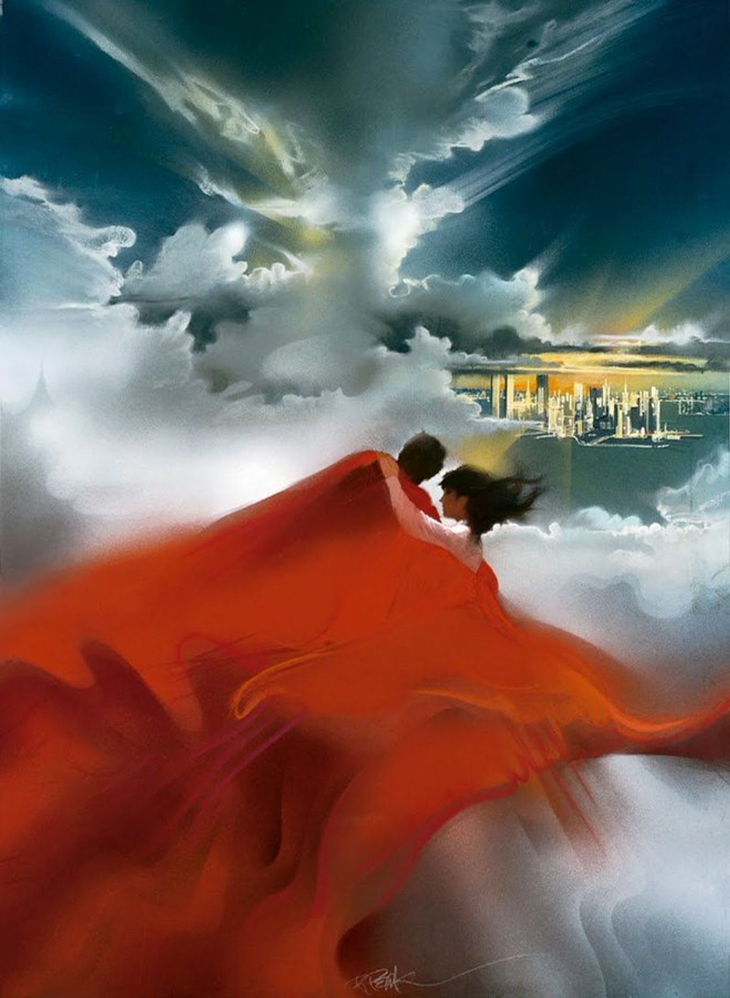 Superman flies through the clouds with Lois in his arms in dreamy watercolor (?) shapes.