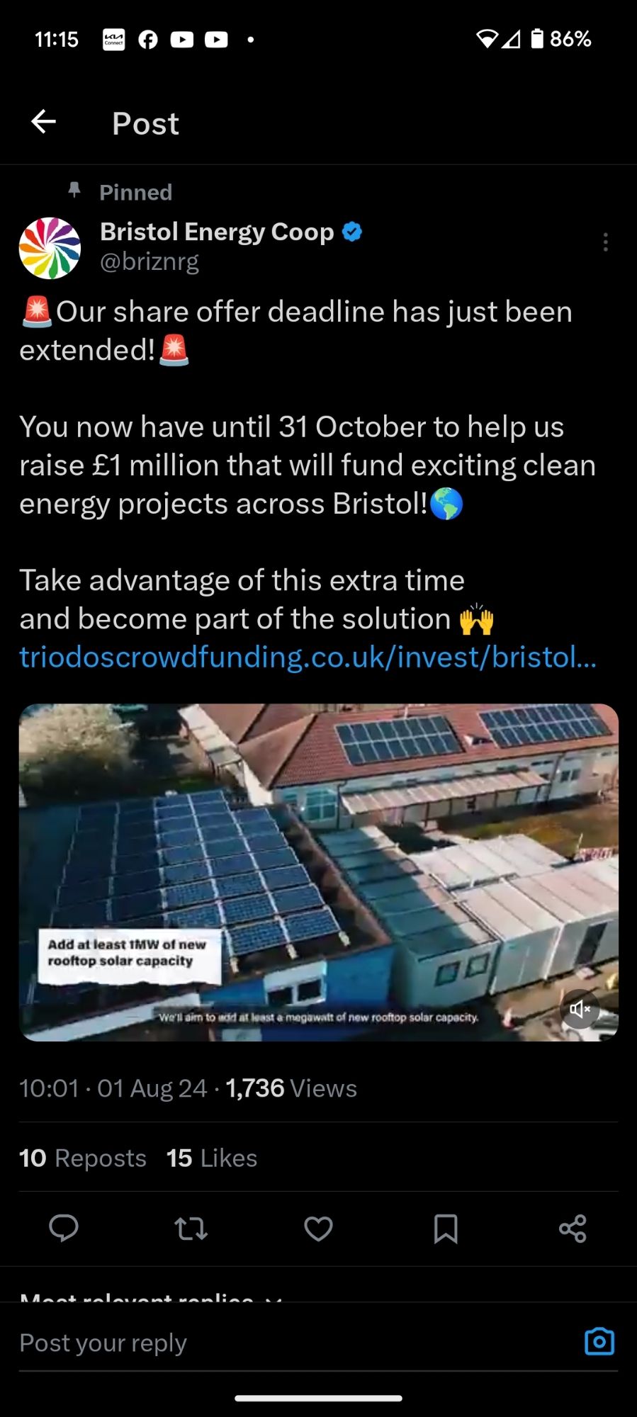 Screenshot of Bristol Energy Cooperative post on X encouraging investors in their latest scheme showing three rooftop solar arrays on non residential buildings