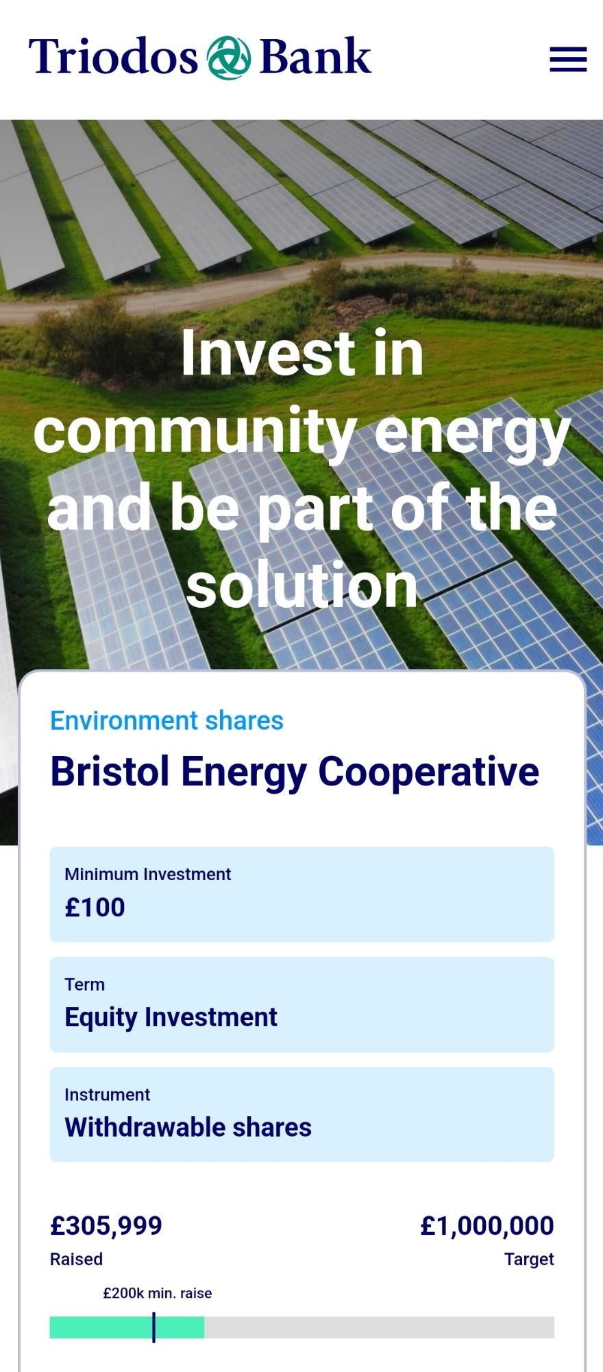 Screenshot of Triodos Bank investor website for Bristol Energy Cooperative showing large ground based solar array