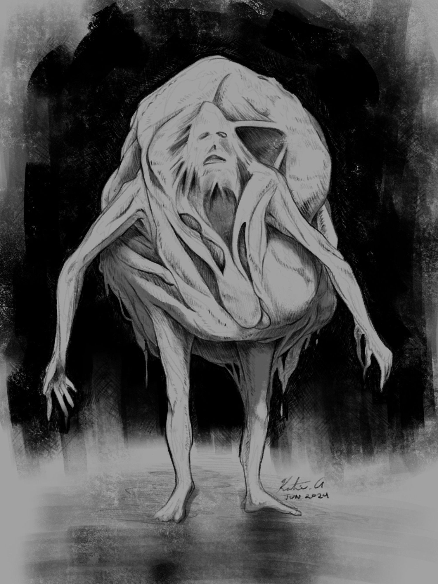 A living Jar innard person from the Elden Ring, Shadow of the Erdtree DLC. The body is bulbous contain many bodies twisted together.