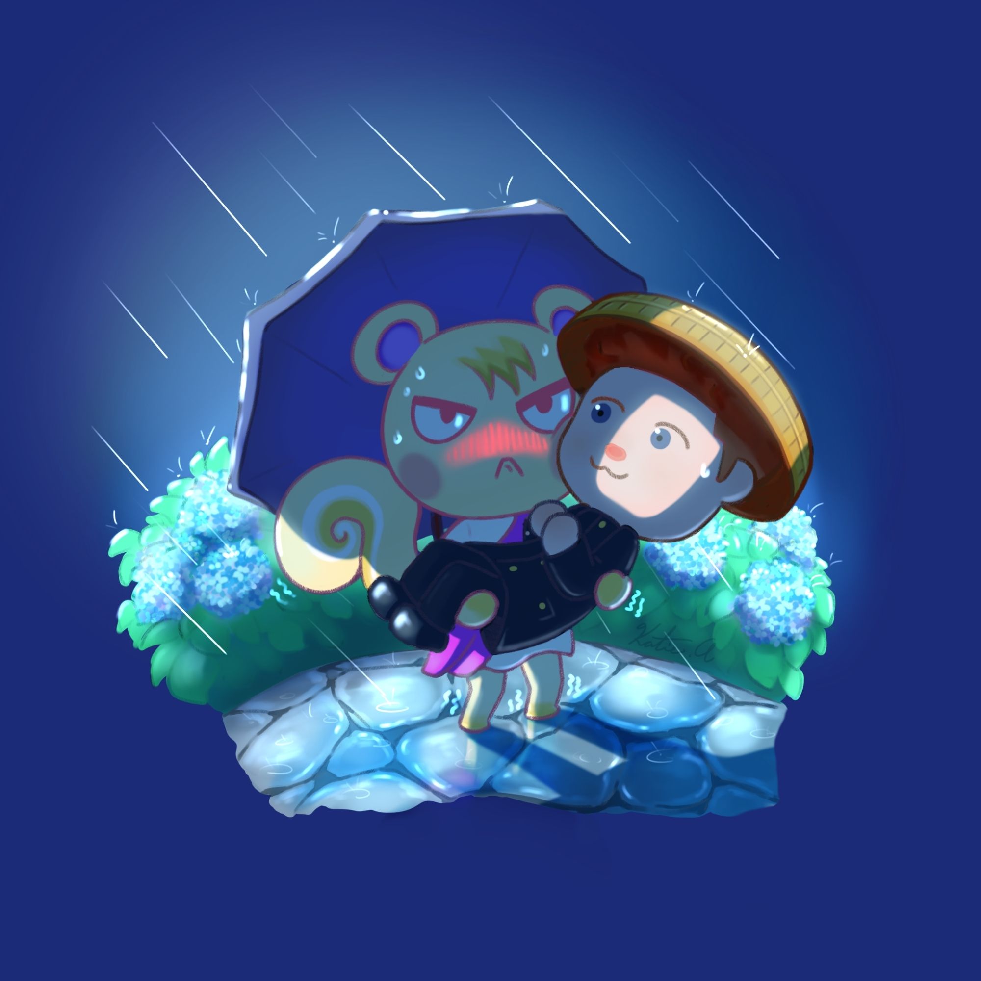 In a lightning storm, marshal holds up a villager in animal crossing. Covering them from the rain. They're shakily standing on cobblestone near hydrangeas in the background.